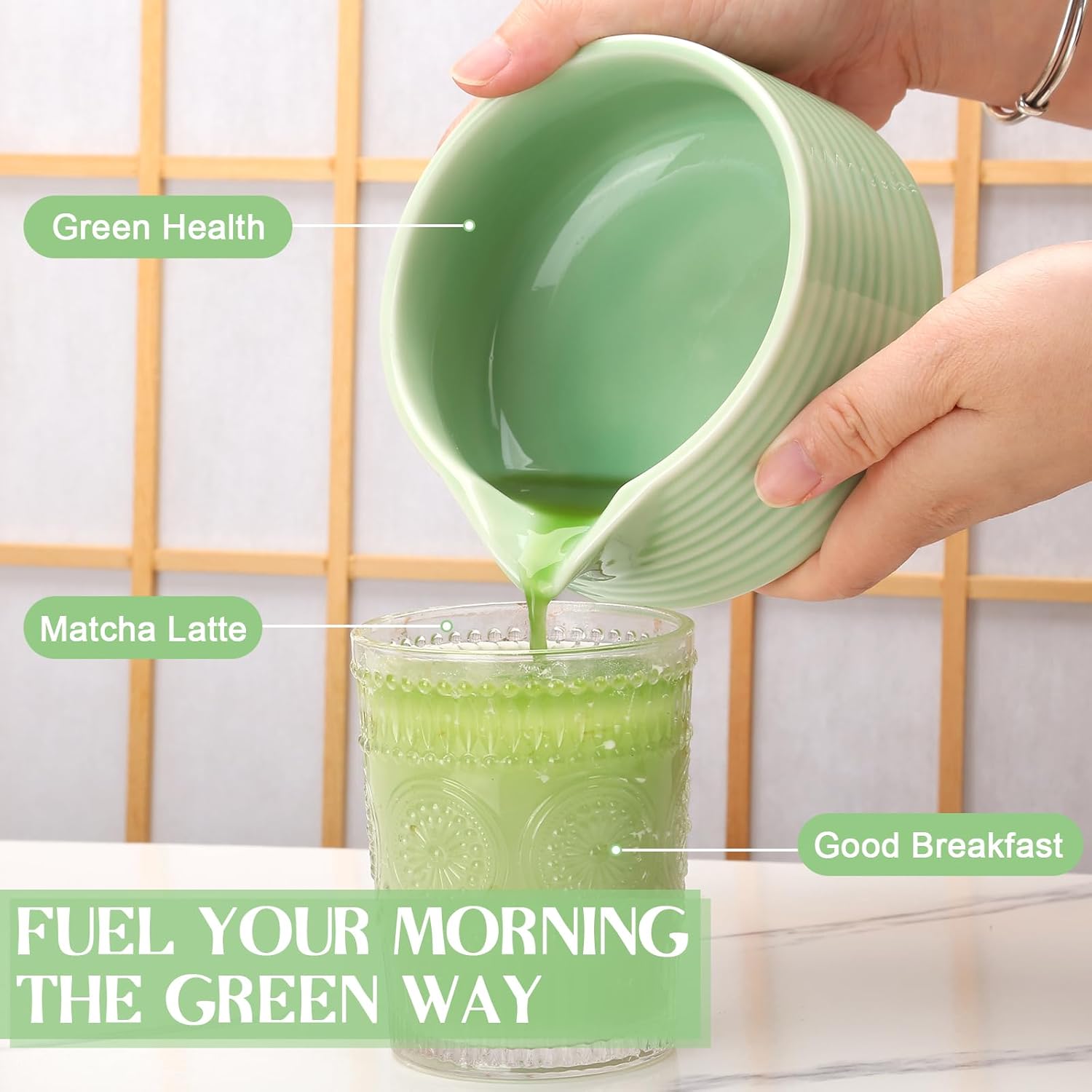 Matcha Whisk Set, Matcha Bowl with Spout, Matcha Whisk and Holder, Bamboo Scoop and Stainless Sifter - 5 Pcs Jade Green Matcha Kit for Matcha Lover - Image 5