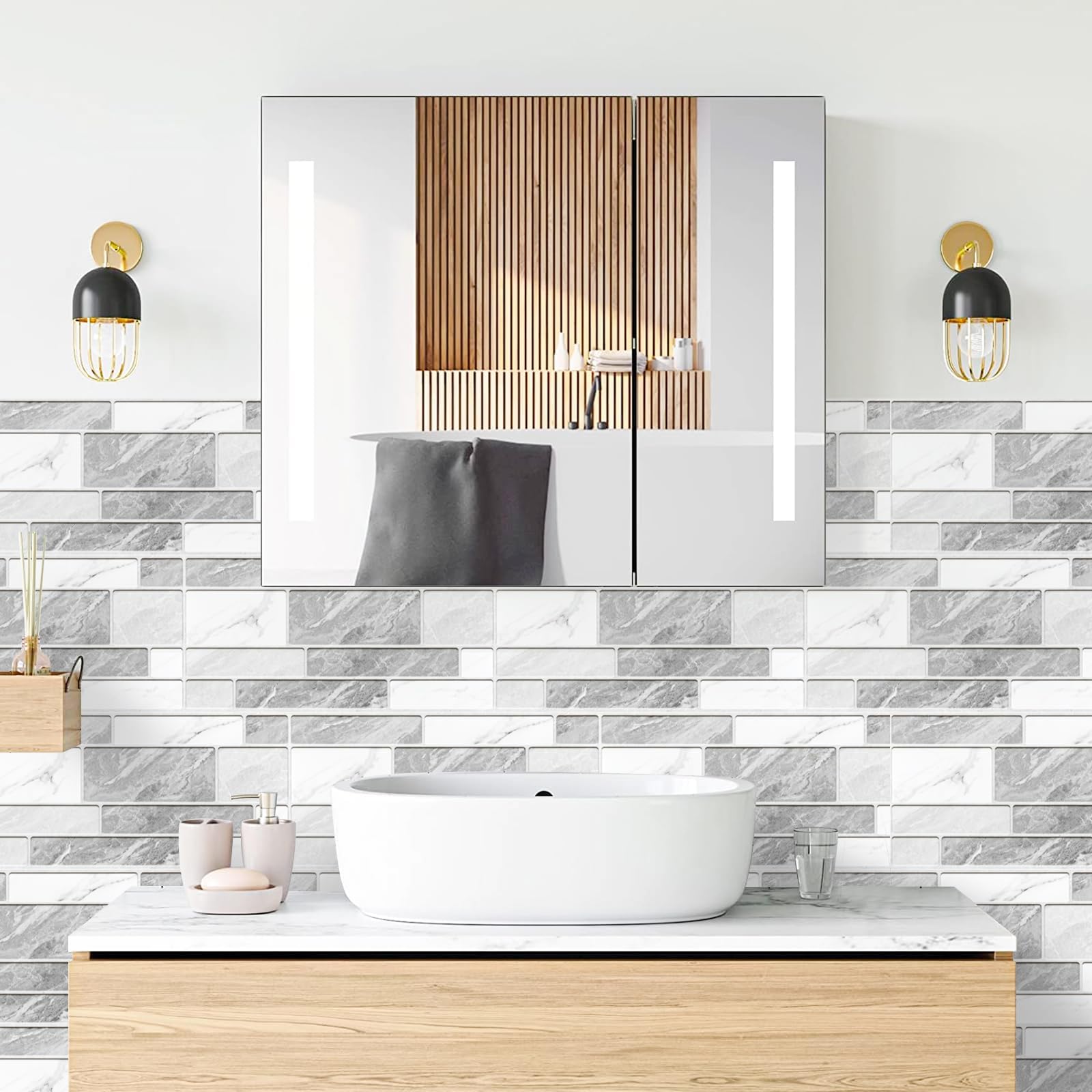 Decoroom Azulejos Autoadhesivos Gris & Blanco 15x30cm/24Pcs Baldosas Pegatinas Adhesivas Ladrillos Vinilo PVC Impermeable Decorativa Cocina Baños Baldosas Adhesivas Pared