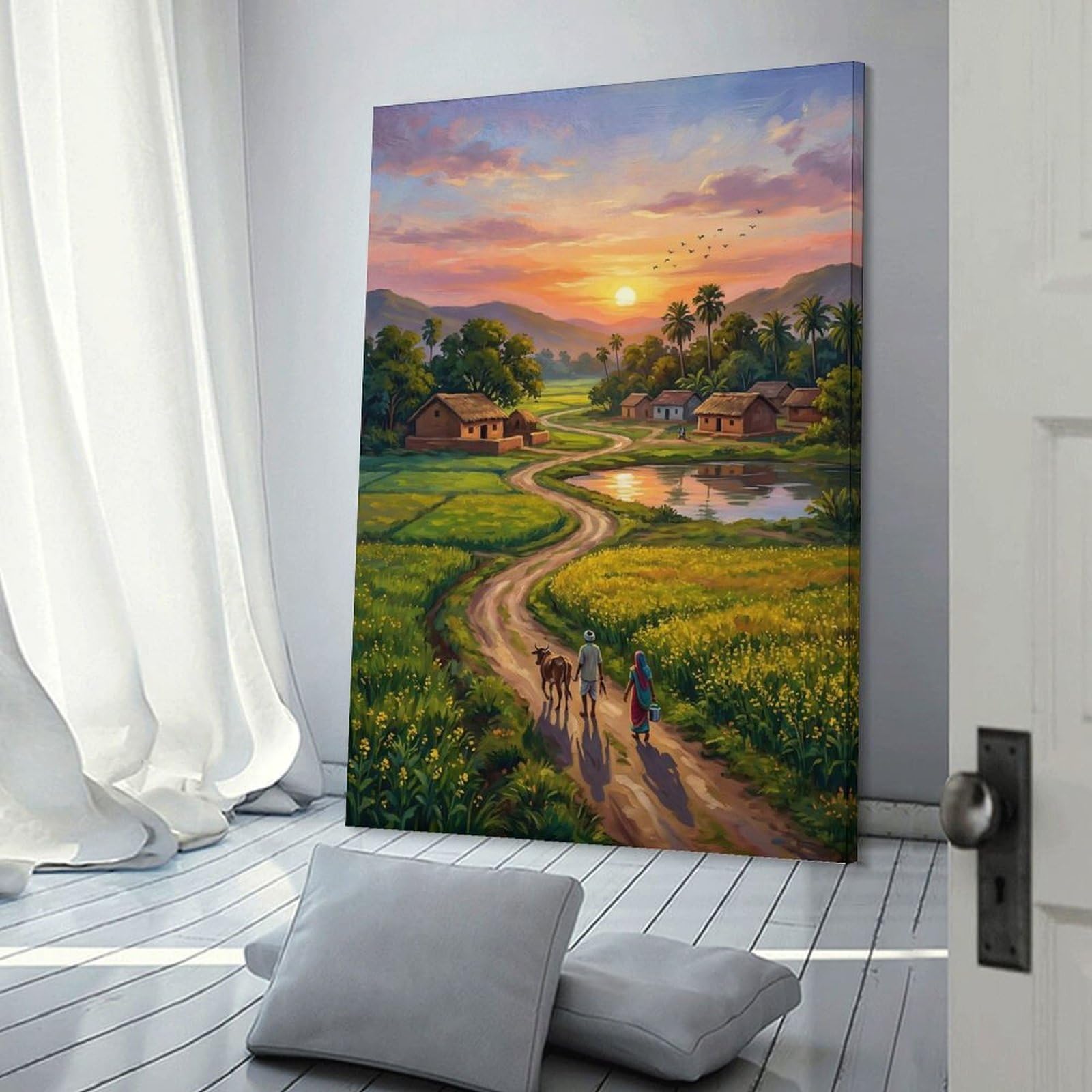 Junmoney Rural Indian Village at Sunset Wall Picture Print, 24x36inch(60x90cm), for Flats, Guest Rooms Or Compact Rooms, Decorative Canvas Decor for Home Updates