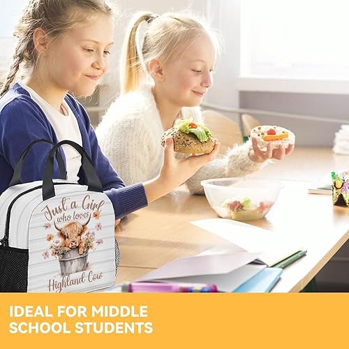 Miniatura 6 de CUSPCOD Highland Cow - Lonchera Bento reutilizable con correa para el hombro y bolsillos, lonchera pequeña blanca linda para niñas y niños, lonchera