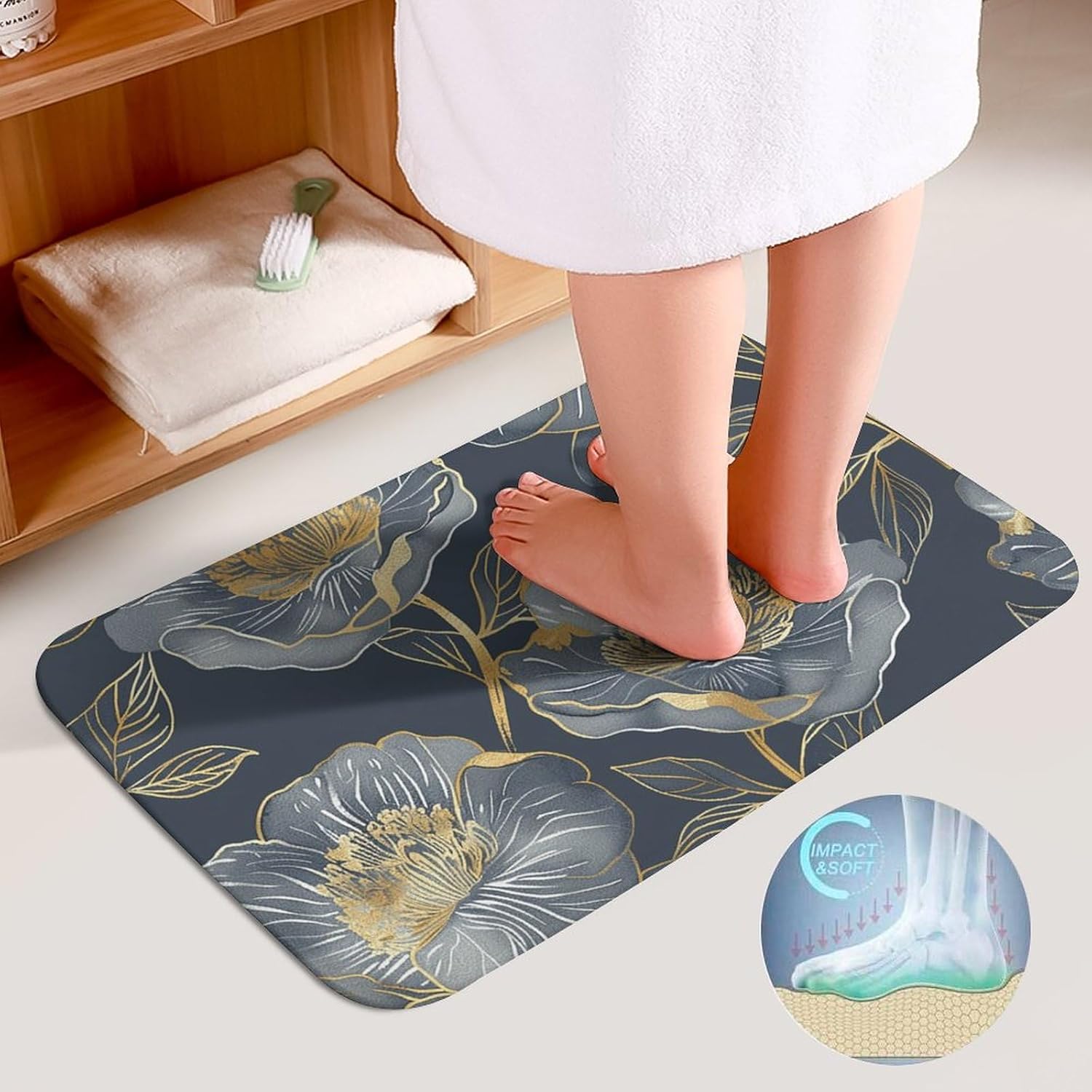 Anti-Skid Floor Mats 3 Piece Set,Gray and Gold Printed Coral Fleece Bathroom Mats U-Shaped Contour Mat Toilet Seat Cover for Bathroom, Tub, Shower, Kitchen 19.7"x31.5"