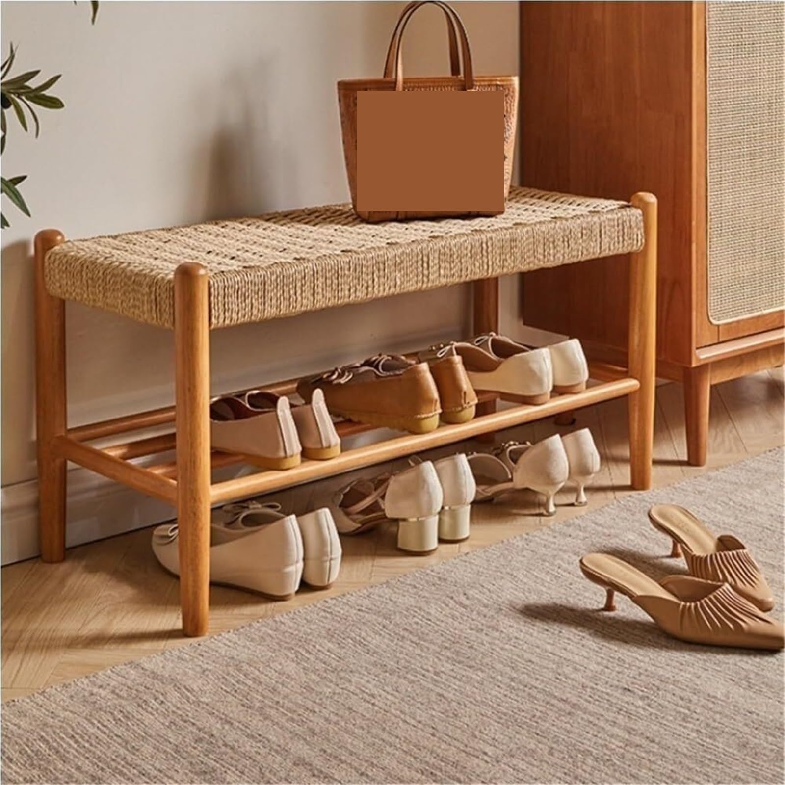 SDCFFC Wooden Shoe Rack Bench with Handwoven Rope Seat Surface Entryway Storage Bench with Open Shelves Shoe Organizer,Ideal for Home