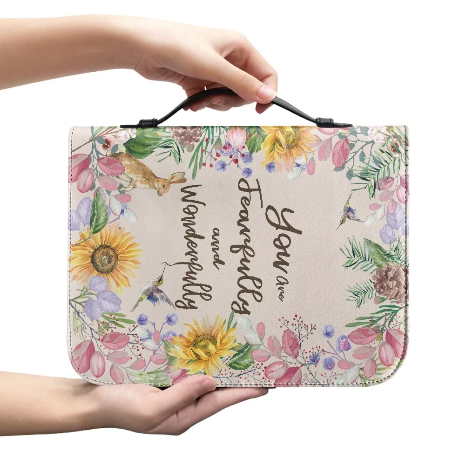 SEANATIVE Bright Sunflower Bible Cover Bag Birds Floral Bible Tote Zipper Bible Scripture Case Study Bible Protective with You are Fearfully and Wonderfully Print for Women
