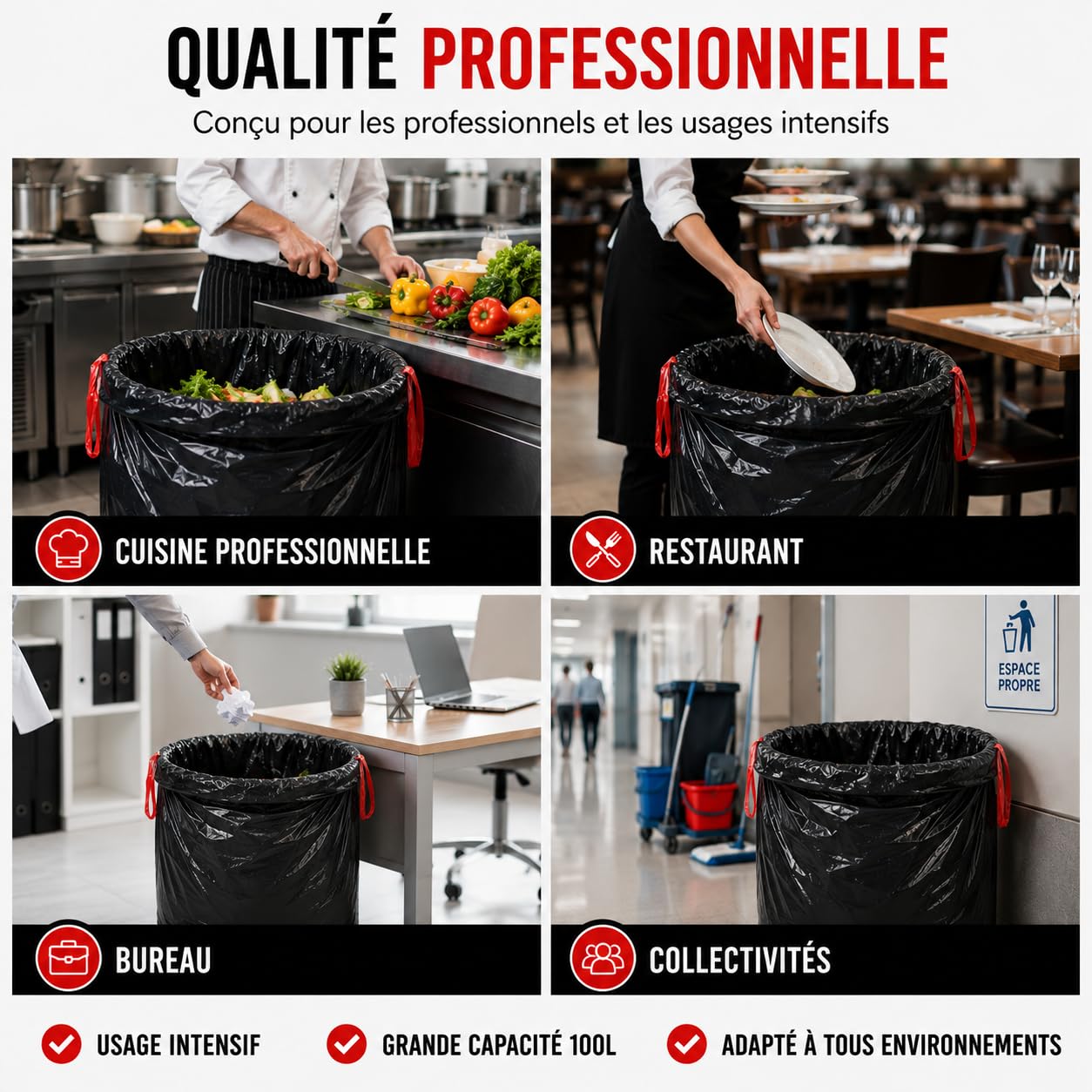 Bolsa de basura de 100 L, enlace deslizante, 50 bolsas de basura de 100 litros, negras, ultra resistente (40 µ) y antifugas, residuos alimentarios | cierre de enlace y asa | práctica e higiénica |