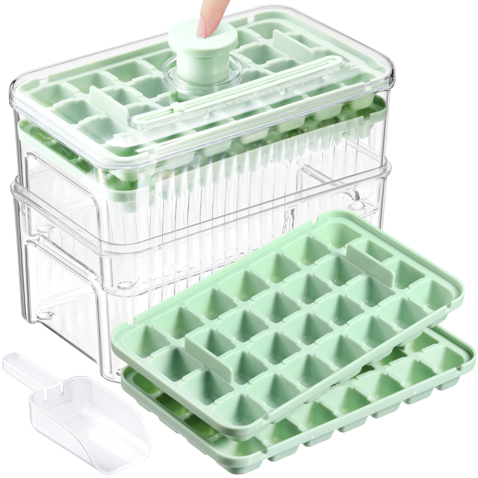 2 Set Mini Ice Cube Tray with Lid and Bin 56 Pcs Ice Cube Trays for Freezer with Removable Lid and Ice Scoop Spill Resistant Ice Cube Mold Ice Cube Tray Mold for Whiskey Cocktail Tea, Green