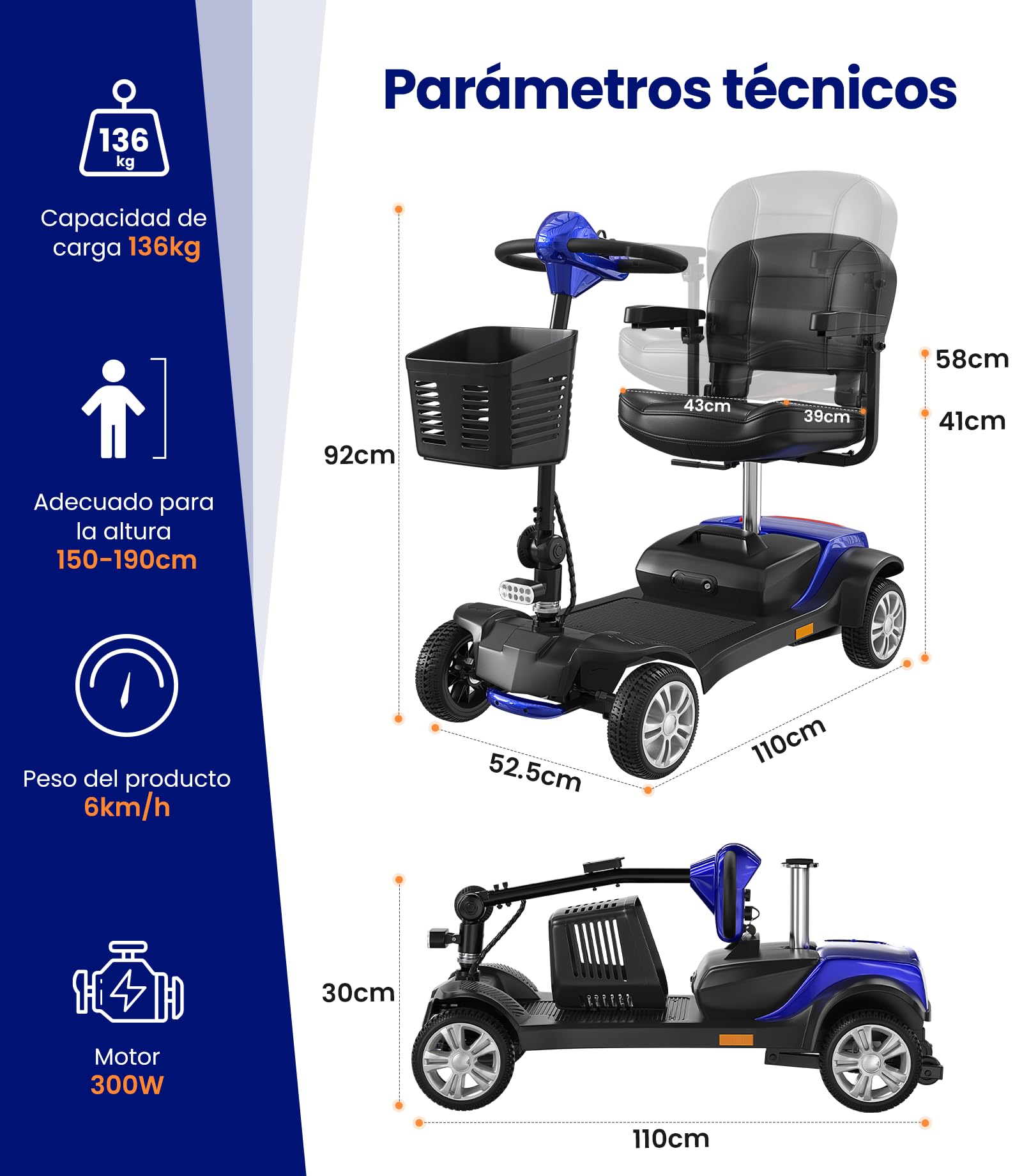 VOCIC D51 Scooter de movilidad de 4 ruedas Estable 136KG,Movilidad scooter plegable para personas mayores de alcance de 15KM con Neumáticos Antipinchazos para todo terreno,apoyo 5 Años| Azul