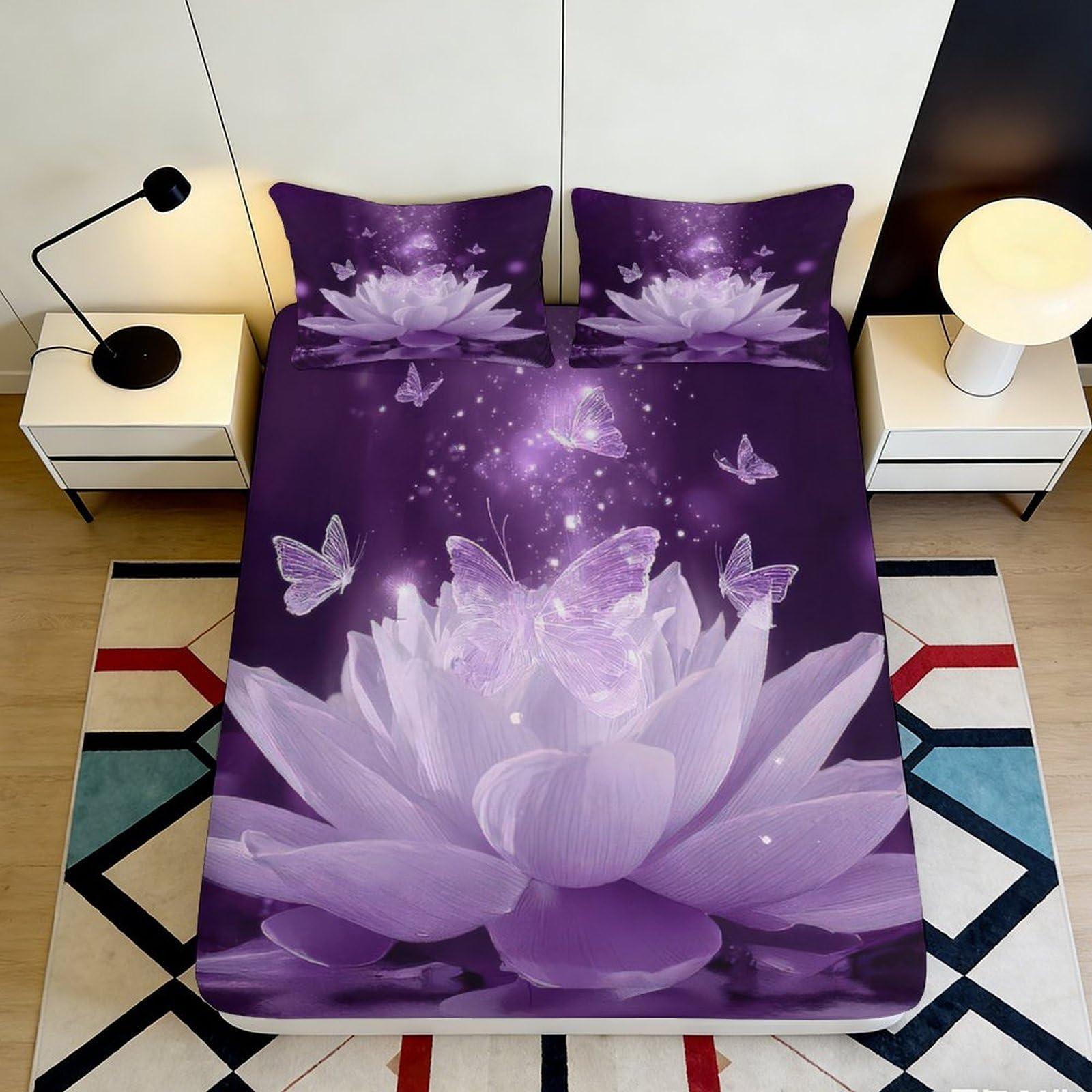 3D Printed Purple Lotus Butterfly Fitted Sheet Microfiber Bed Sheet with 3D Floral Print Mattress Cover for Bedroom Dormitory Guest Room 90x200x25cm