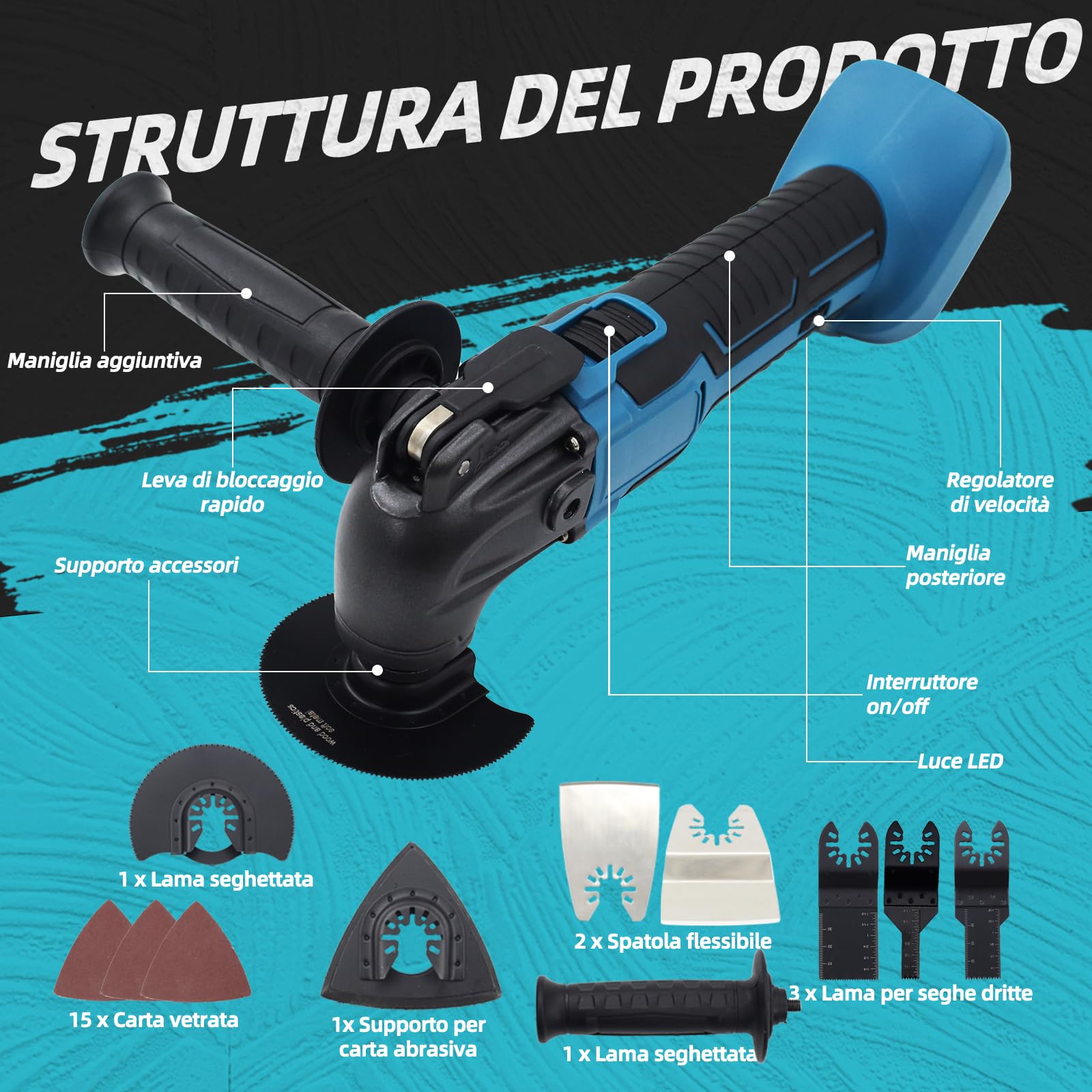 Batteria multifunzione compatibile con Makita 18 V, strumento oscillante a 6 velocità e motore senza spazzole, smerigliatrice e raschietto, strumento multifunzione – senza batteria