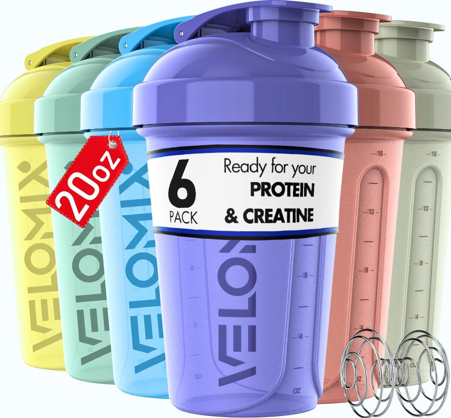 VELOMIX -6 PACK- 20 OZ Protein Shaker Bottles for Protein Mixes, Shaker Cups for Protein Shakes, Small Shaker Bottle Pack, Shaker Cup, Shakers for protein Shakes (Pastel Shades - 6 Pack)VELOMIX -6 PACK- 20 OZ Protein Shaker Bottles for…