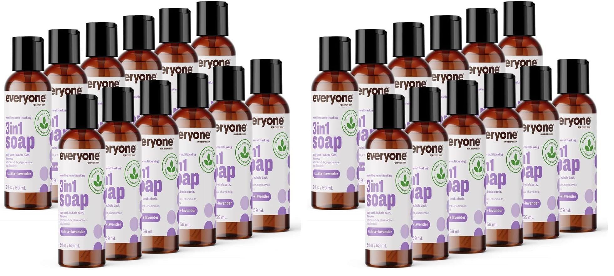 Everyone 3-in-1 Soap Body Wash, Bubble Bath, Shampoo, Travel Size, 2 Ounce (Pack of 24), Vanilla and Lavender, Coconut Cleanser with Plant Extracts and Pure Essential Oils