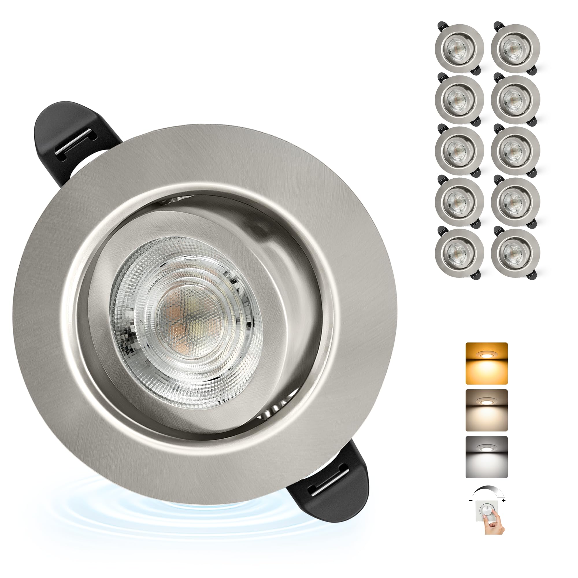 Aulaiyi LED Einbaustrahler 230V Dimmbar 68mm 5.5W IP44 LED Spot Ultra Flach | 45° Schwenkbar Deckenspots, Einbauleuchten 3000K/4000K/6000K, Spots Deckenleuchte für Bad Wohnzimmer Küche, Nickel 10er Set