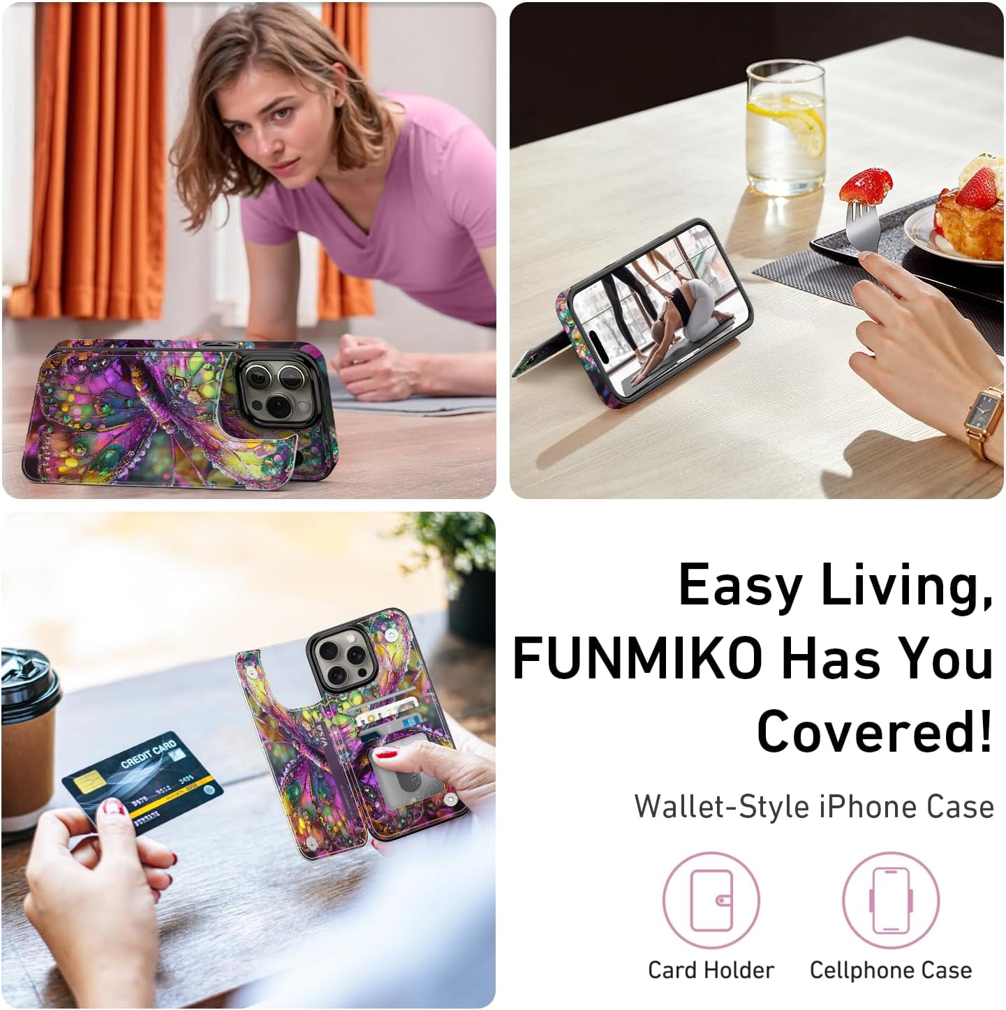 FUNMIKO for iPhone 15 Pro Max Wallet Case with Card Holder, RFID-Blocking, Military-Grade Protection & UV-Printed Artwork, Magnetic Closure with Leather Kickstand - Vibrant Elegant Butterfly - Image 6