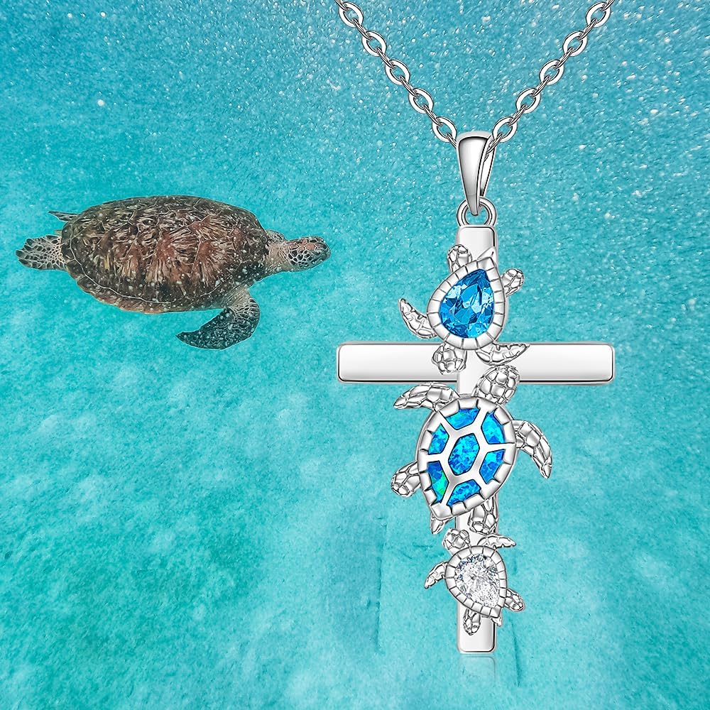 Fenthring Cross Turtle Necklace for Women Sterling Silver Blue Opal Sea Turtle Necklaces Turtles Pendant Ocean Jewelry Charm Mothers Day Christmas Gifts - Image 9