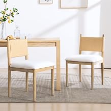 chairus Modern Coastal Dining Chairs Set of 2, Linen Upholstered Fabric Dining Room Chairs with Woven Rope Back, Farmhouse Wooden Kitchen Chairs, Natural Wood