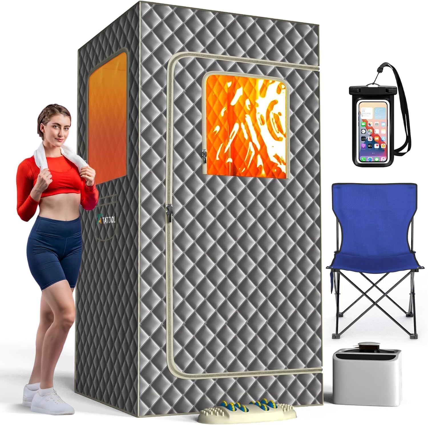 Portable Home Steam Sauna Box, Full Size Personal Sauna Tent for Home Spa, Indoor Sauna Relaxation Kit with 2.6L & 1000 Watt Steam Generator, Remote Control, Foldable Chair, Foot Rest, Mat (Grey)