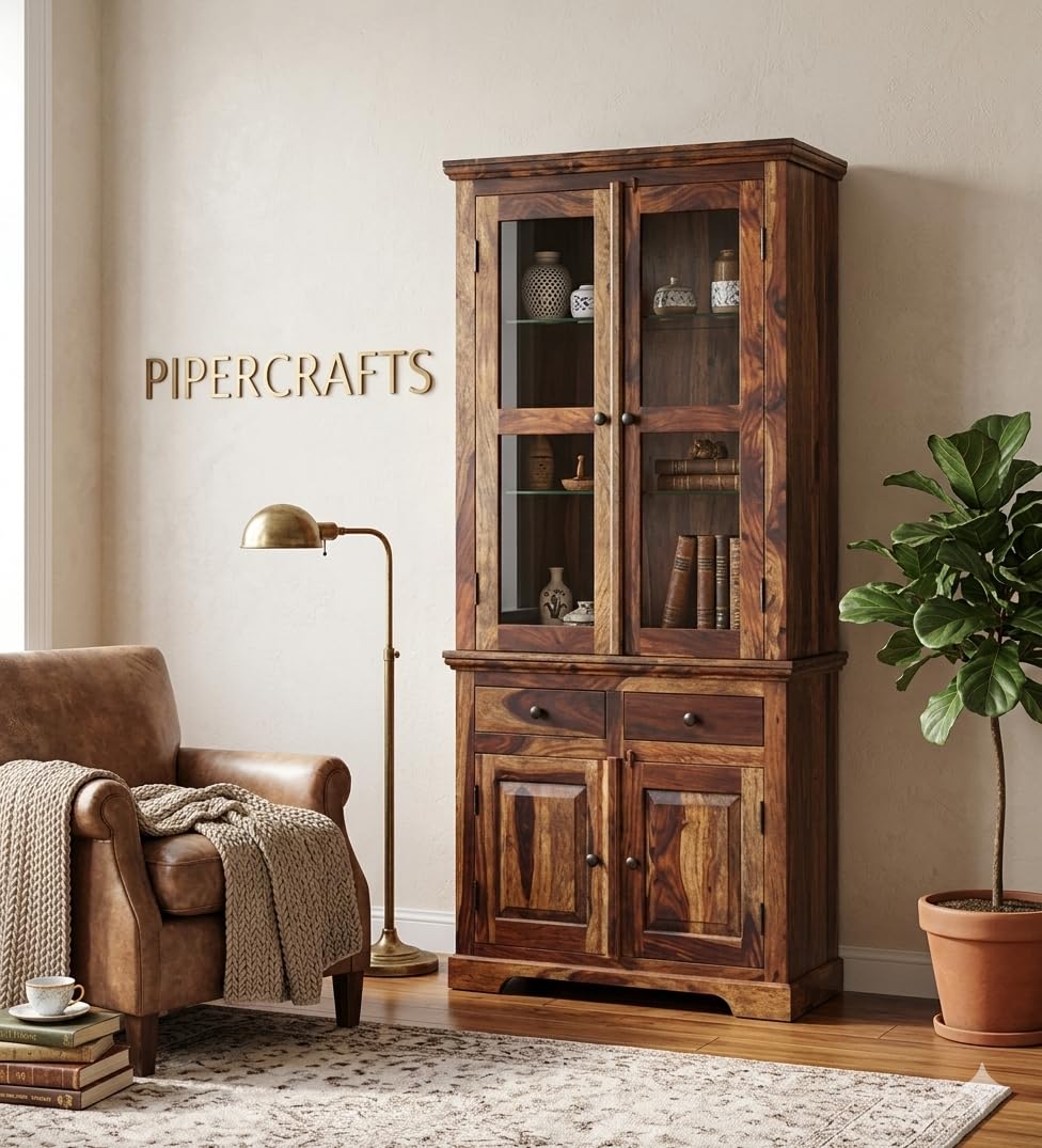 PIPERCRAFTS Solid Wood Book Shelf with Glass Door for Display and Storage Unit Sheesham Wood in Provincial Teak Finish, Living & Study Room or Office-image-6