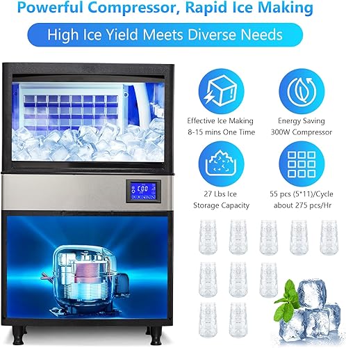 Miniatura 2 de Máquina de hielo comercial de 110 libras24 horas, máquina de hielo de acero inoxidable con capacidad de almacenamiento de hielo de 27 libras,