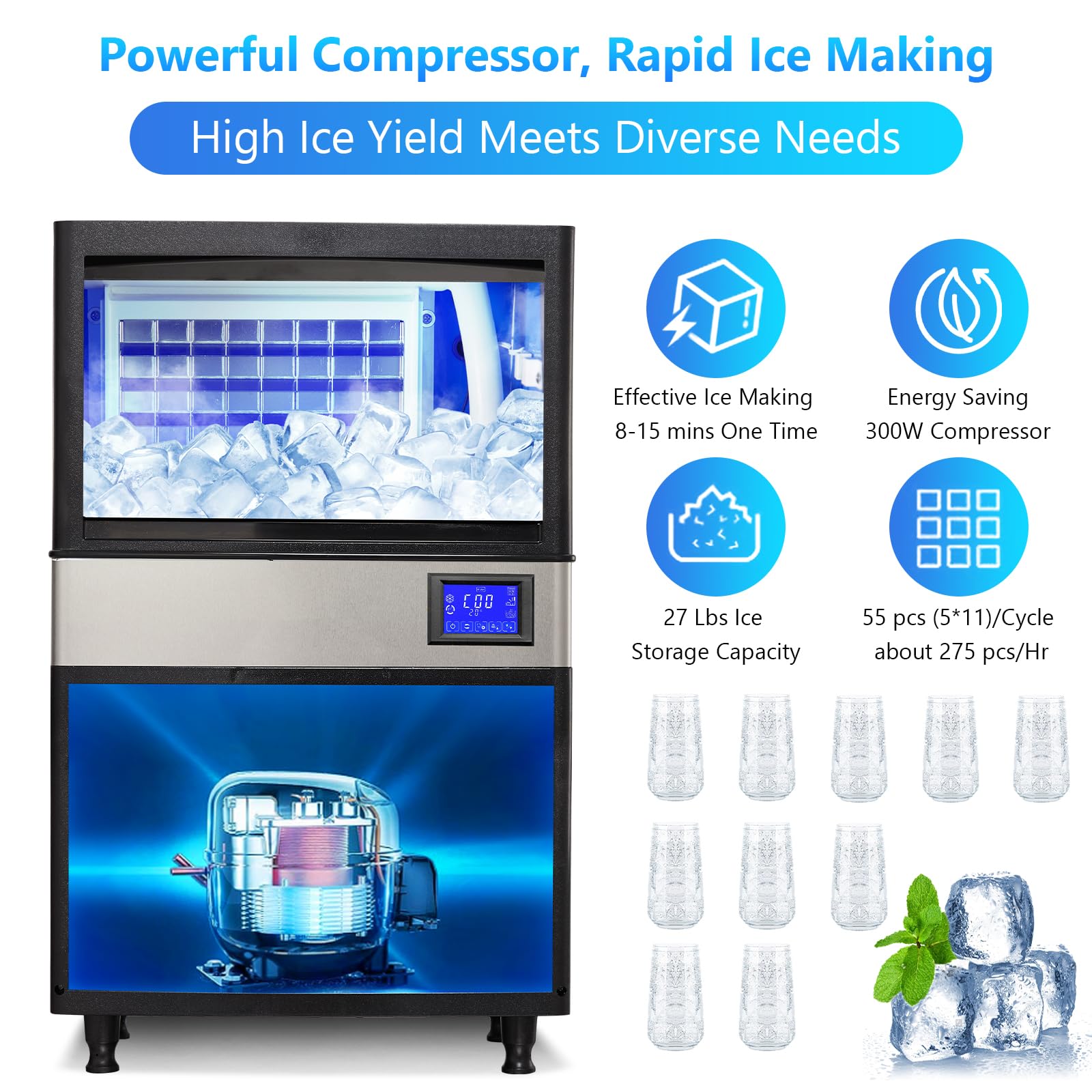 Pioneerworks Commercial Ice Maker Machine 110lbs/24h, Under Counter Ice Machine Self Cleaning With 27lbs Storage, Lcd Panel And Blue Light, Stainless Steel Ice Maker For Restaurant/Home/Bars/Coffee on Fridge.com - View 2