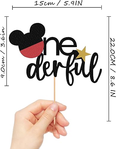 Miniatura 3 de MYAMPED - Decoración para pastel de 1er cumpleaños, temática de Mickey negro con purpurina, perfecta para fiesta de primer cumpleaños, fiesta de