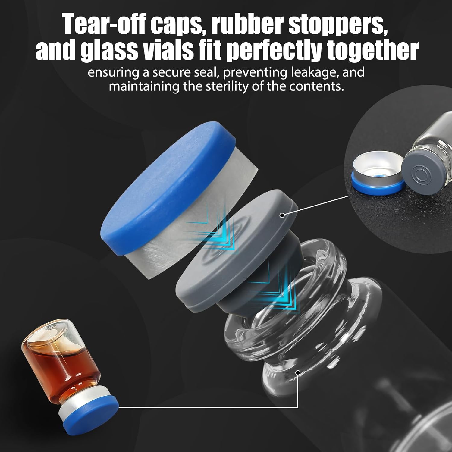 5ml Clear Glass Vials-1-1/2 Dram Clear Glass Headspace Vials with Plastic-Aluminum Flip Caps and Rubber Injection Stoppers, 100 Pack, 20mm Flat Bottom Lab Vial