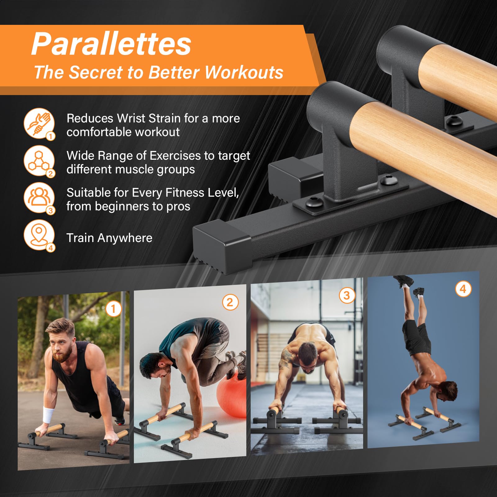 Parallettes avec Poignées Hybrides en Bois, Barres de Parallettes pour Débutants à Avancés, Barres de Fitness Solides pour Pompes, Dips et Stabilité du Core, Équipement Portable pour Salle de Sport