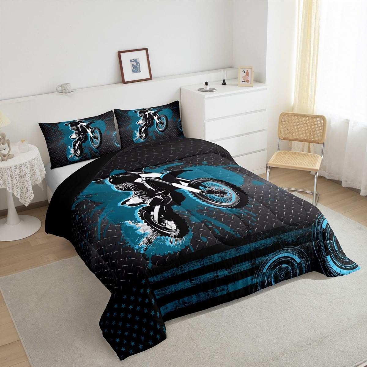 Feelyou Kids Blue Dirt Bike Comforter Set Extreme Sports Motorcycle Bedding Set Full Size for Kids Boys Girls Teens Room Decor Duvet Quilt Racing Motocross Rider Soft Microfiber