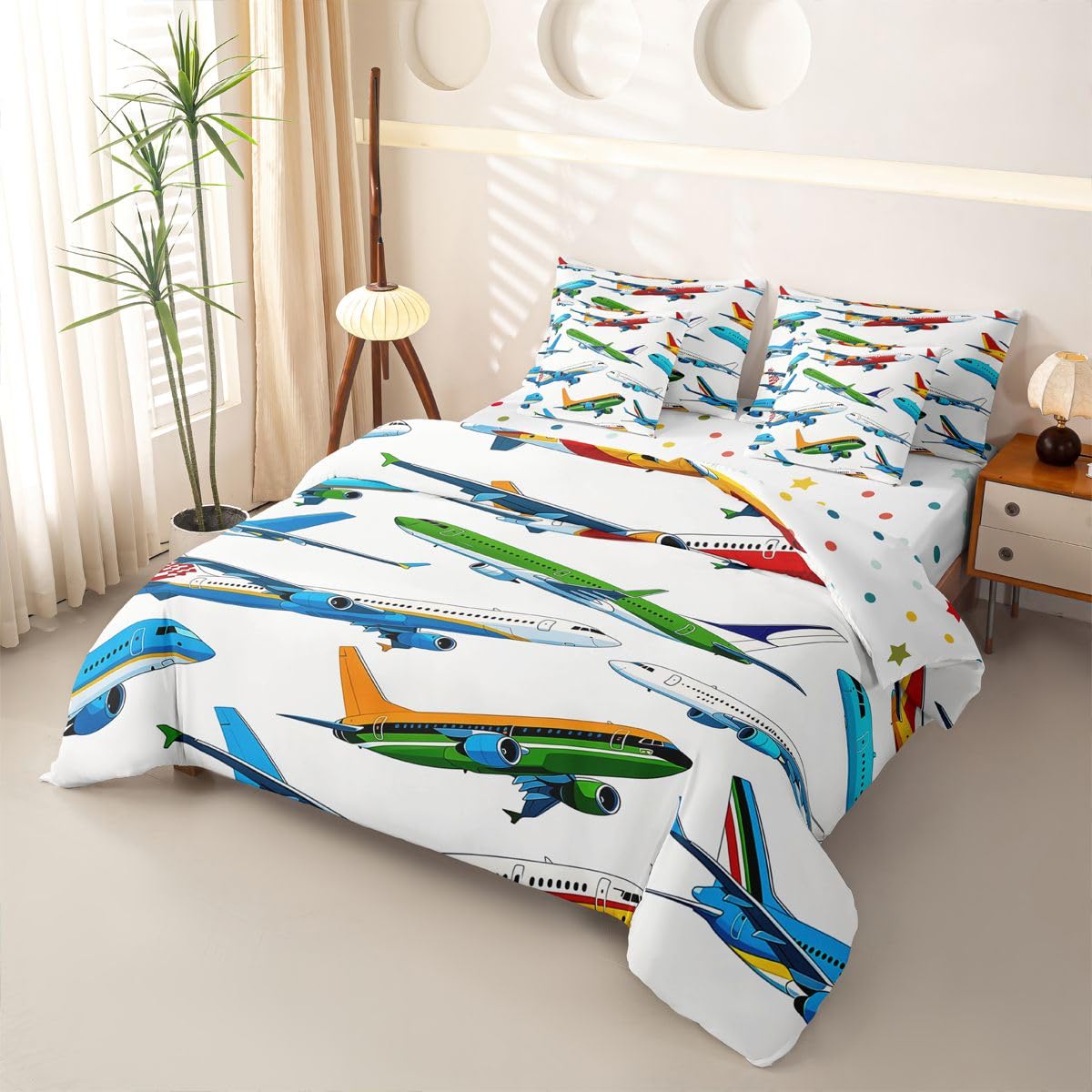 Flugzeug Bettwäsche 135x200 7teilig für Kinder Jungen Mädchen Flugzeug Fliegen Bettwäsche-Set 1 Bettbezug,1 Spannbettlaken,1 Bettlaken,2 Kissenbezüge,2 Dekokissenbezüge Flugzeug Drucken