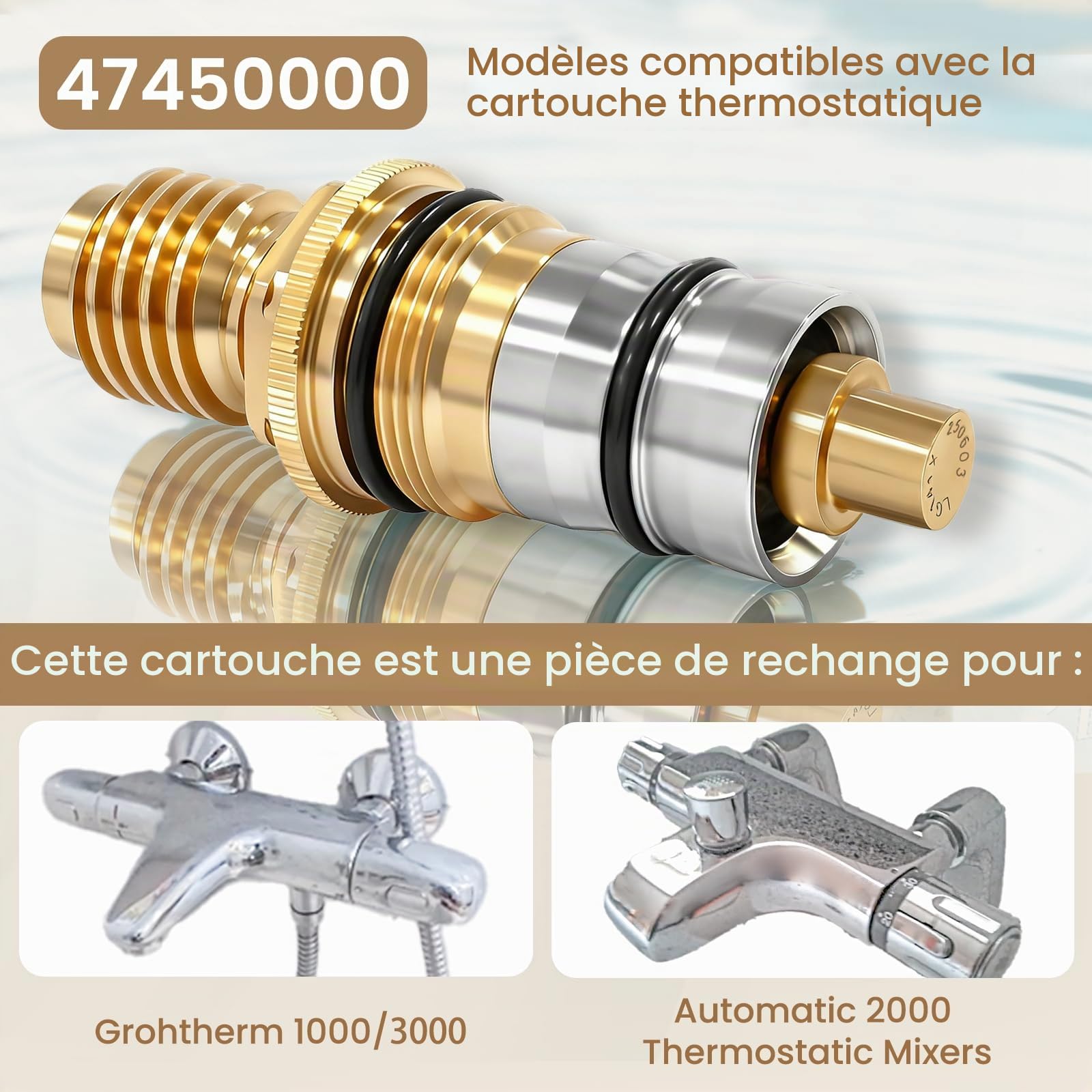 GR-47450000 Cartouche thermostatique 1/2" en laiton et acier inoxydable - Compatible Grohtherm 1000/3000 et Automatic 2000 - Pièce de rechange 47450000