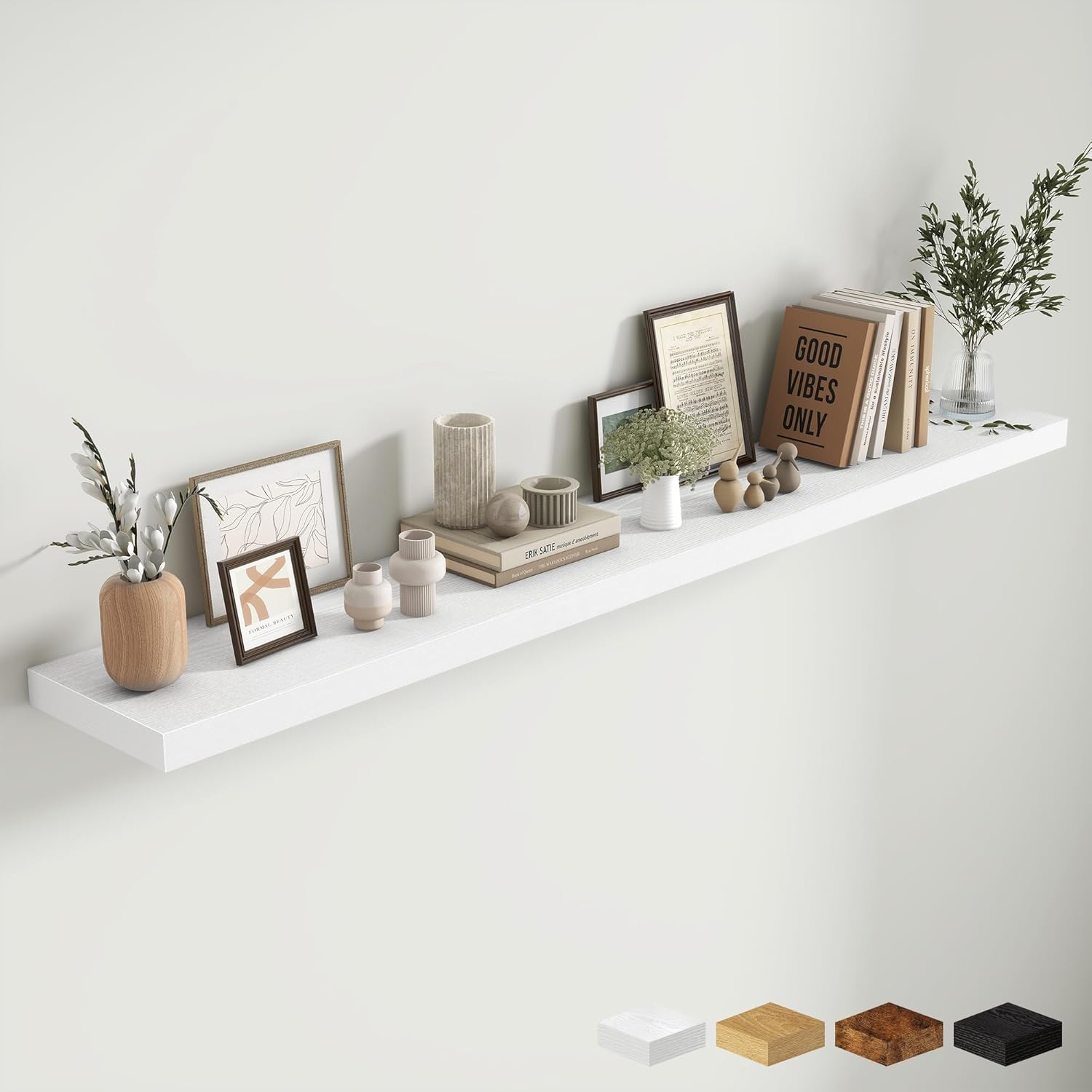 Fun Memories 72 Inch Fireplace Mantel Shelf, 10 Inch Deep Shelves for Display & Wall Storage, Rustic Wood Wall Shelf, Extra Long Floating Shelves for Living Room Laundry Room, White, Set of 1