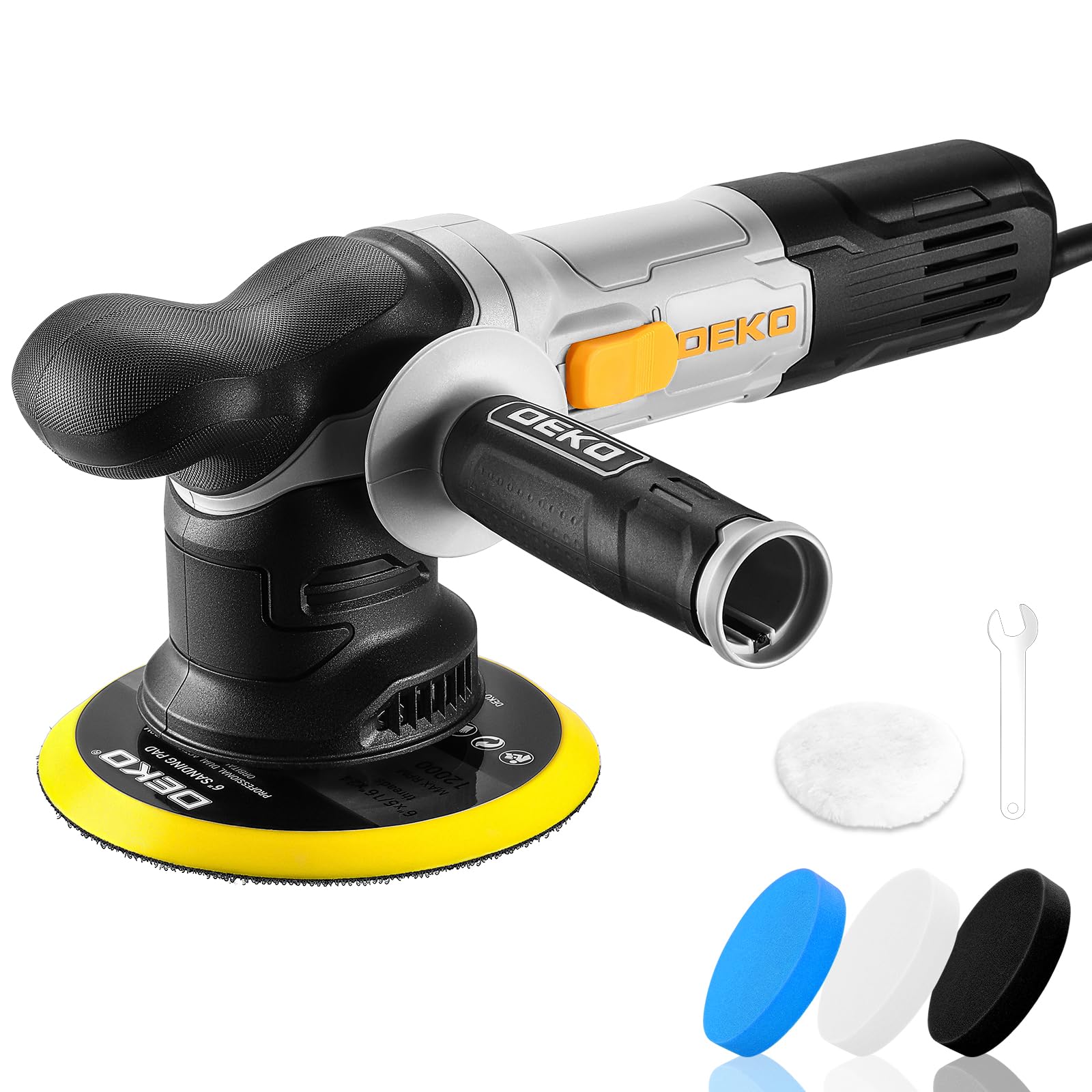 Pulidora de Doble Acción, DEKOPRO 800W Kit Pulidora Coche，con 150MM Almohadilla Abrasiva, 6 Velocidades Variables, 1800-5500 RPM, 9MM Orbital - Para Detallar, Pulir y Encerar el Coche