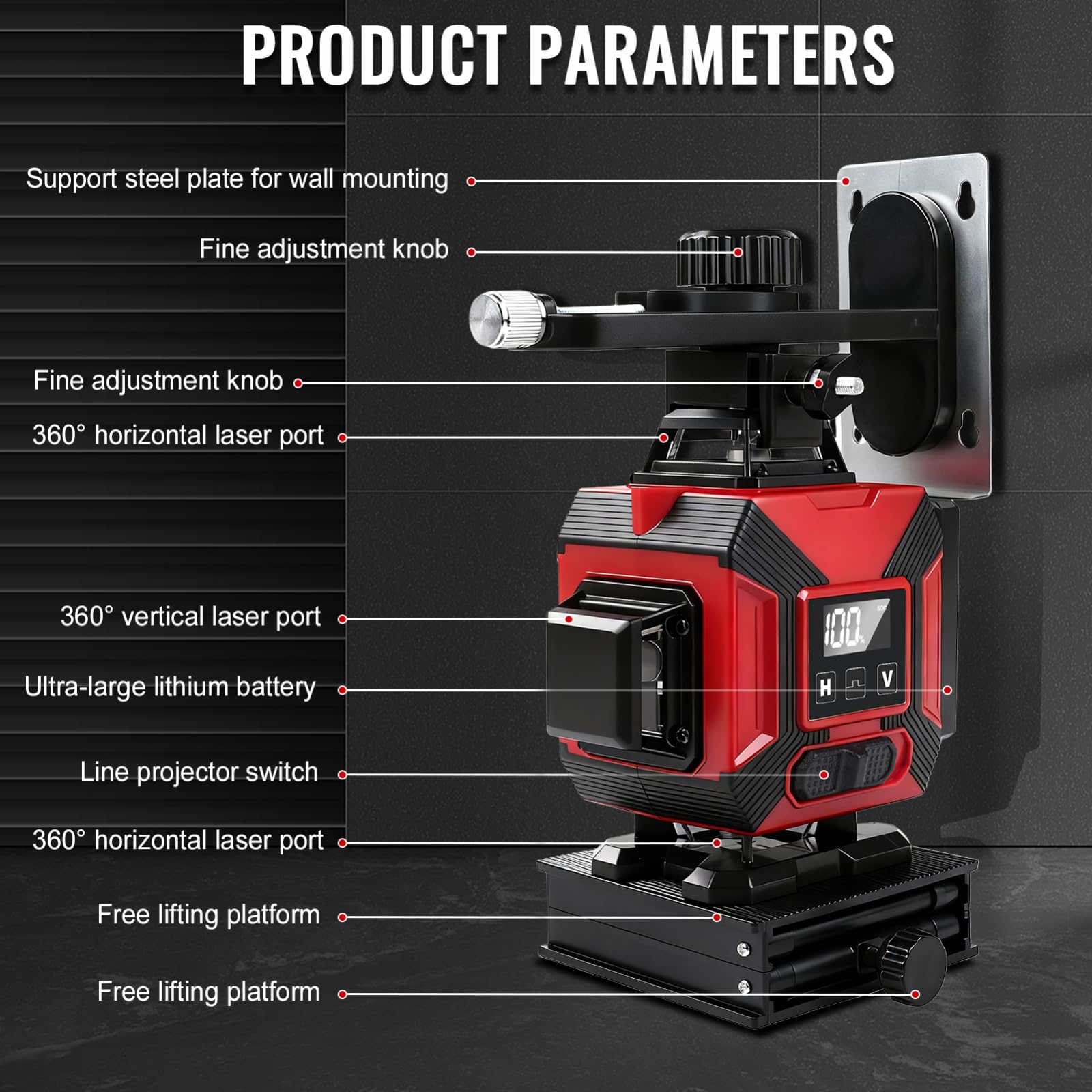 VOBOR Nivel Laser Autonivelante 360 Grados, 16 líneas 4D, 2x 4800 mAh Batería, Pantalla LED, APP et Télécommande, Multitud de Accesorios, Láser Nivel para Azulejos y Paredes