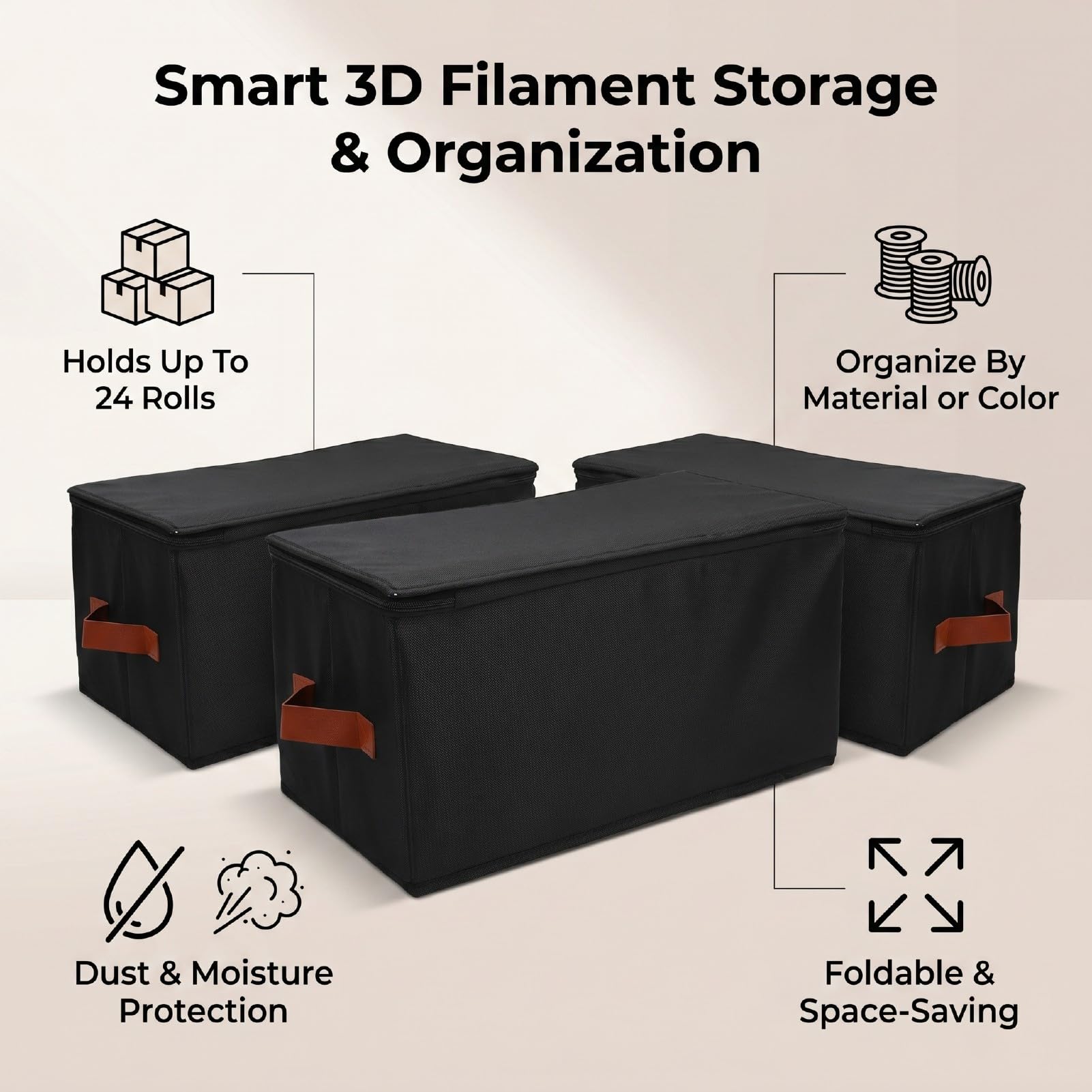 Caja de Almacenamiento de Filamentos de Alta Capacidad |Tela Oxford, Capacidad para 24 Rollos de Consumibles de Impresión 3D, Contenedor Plegable con Cremallera para Home Studio (BLACK)