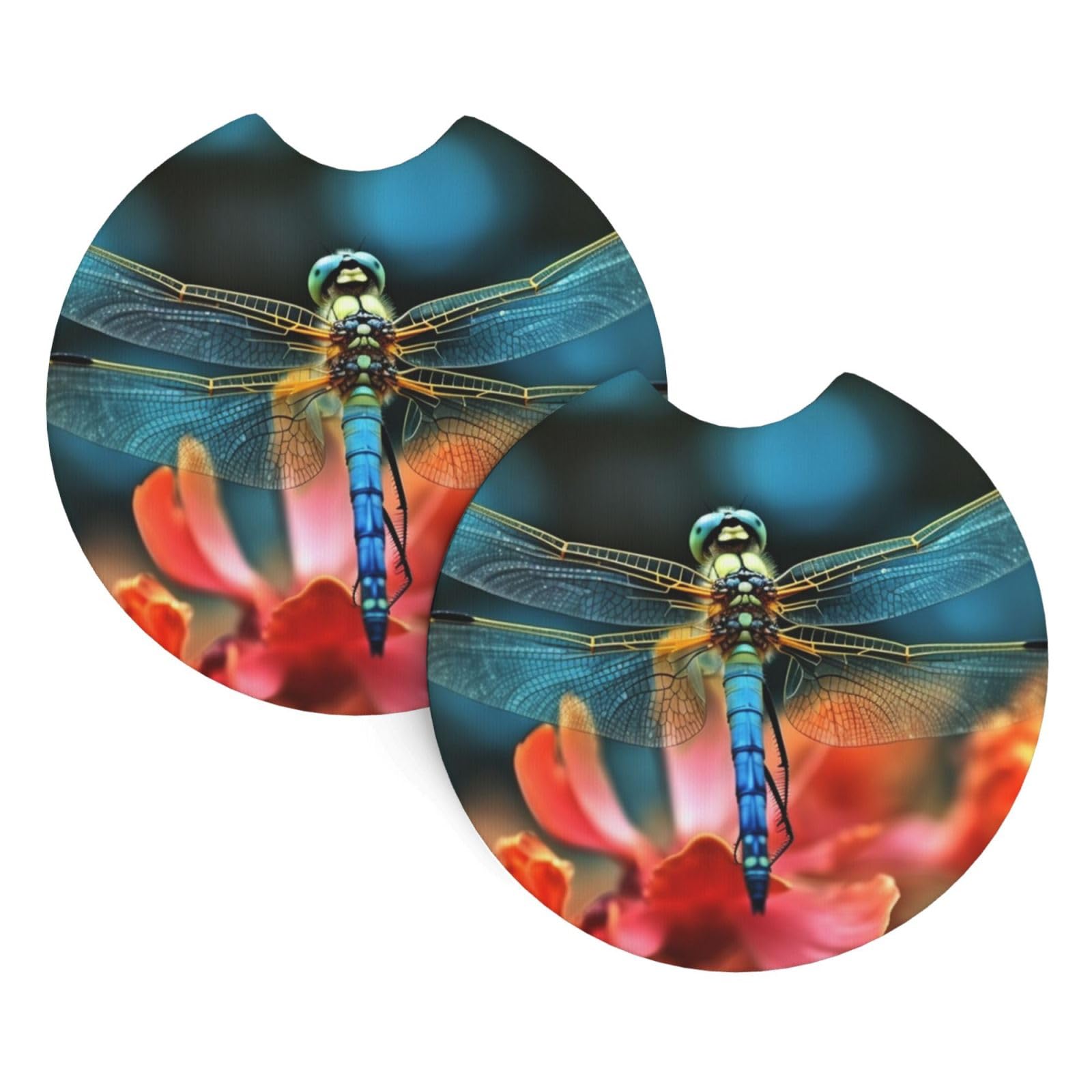 2PCS Car Coaster for Cup Holders Universal Auto Cup Mat Dragonfly On The Flower Cup Coaster Pad 2.7" Waterproof Neoprene Non-Slip Cup Holder Coasters Car Interior Accessories for Women Men