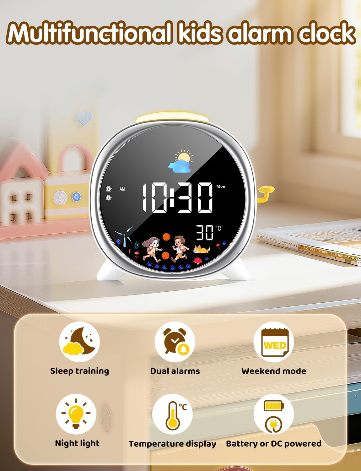 LIORQUE Kids Alarm Clock displaying multiple features