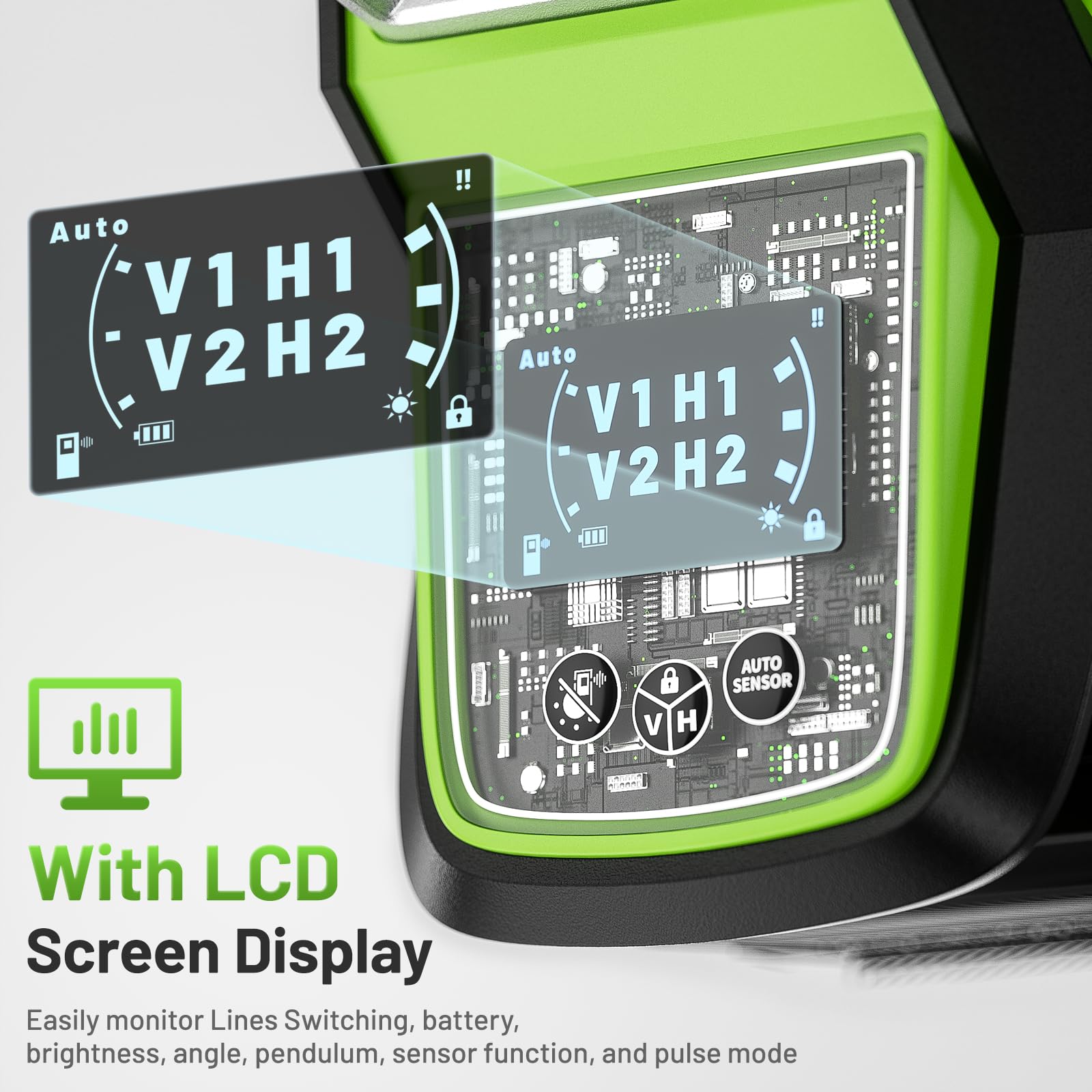 Huepar Livella Laser Autolivellante Professionale 16 Linee, 4 X 360° Livello Laser Verde Dotato di batteria agli ioni di litio + batteria AA，con display LCD e modalità impulso - base magnetica-HX04CG