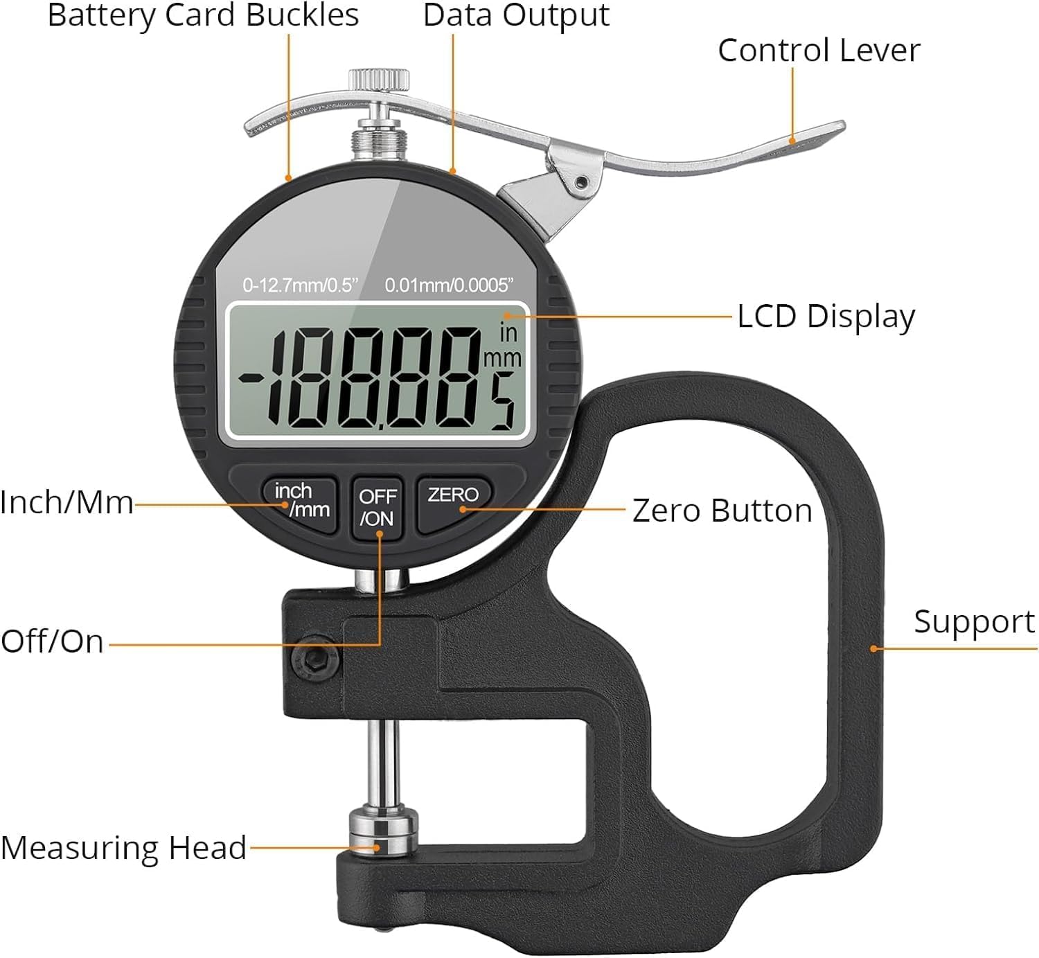 Corceptive Digital Thickness Gauge 0–12.7mm / 0.5 Inch Electronic Micrometer with Large LCD Display, 0.001mm High Precision, Inch/Metric Conversion, Portable Measuring Tool (12.7-0.001) 2