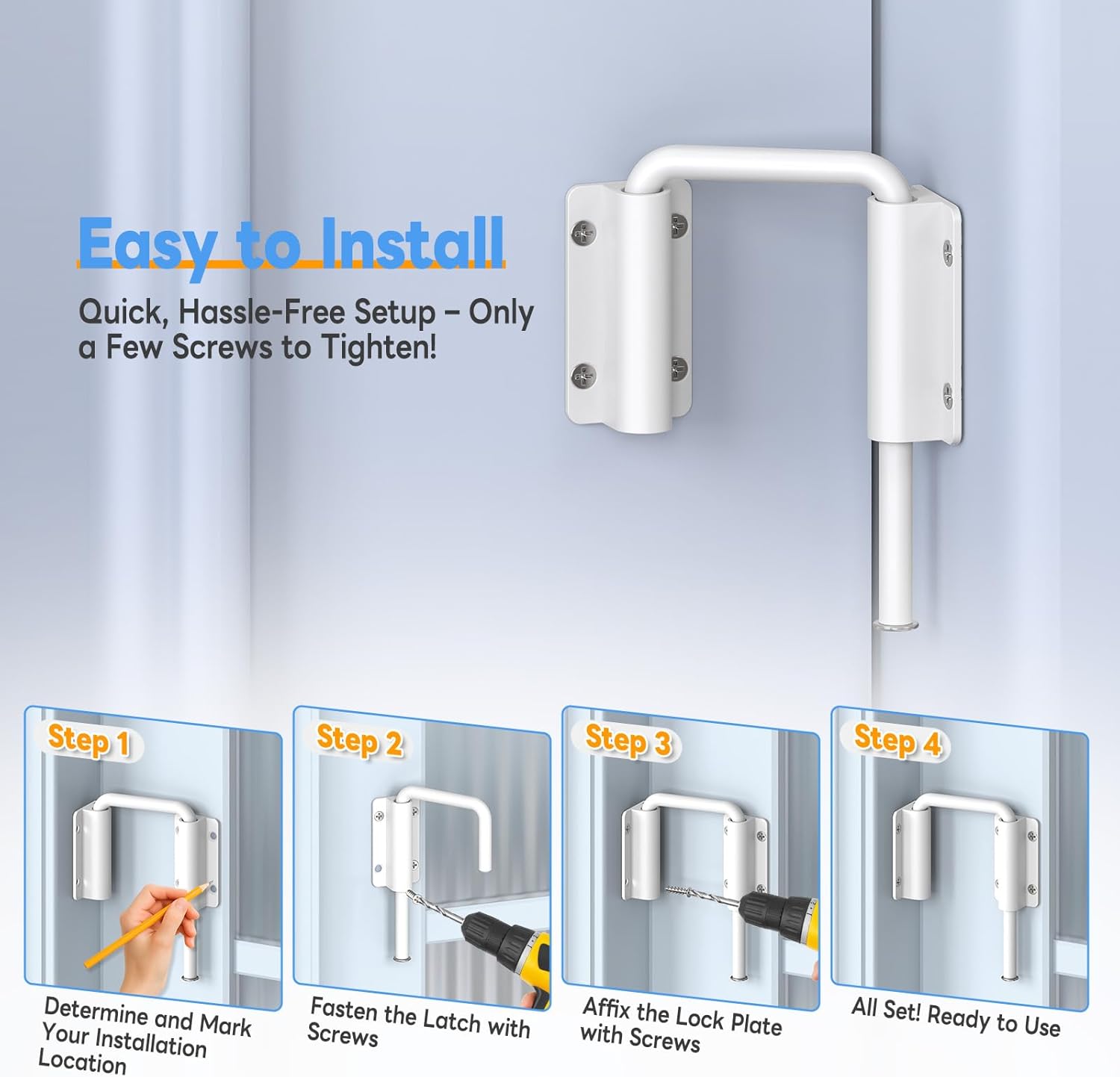 New Patio Sliding Door Loop Lock - 2-3/8 Inch U-Shaped Loop Latch, 90/180 Degree Home Security Lock for Sliding Doors, Windows, Barns, Gardens, Screens (White-4 Pcs)