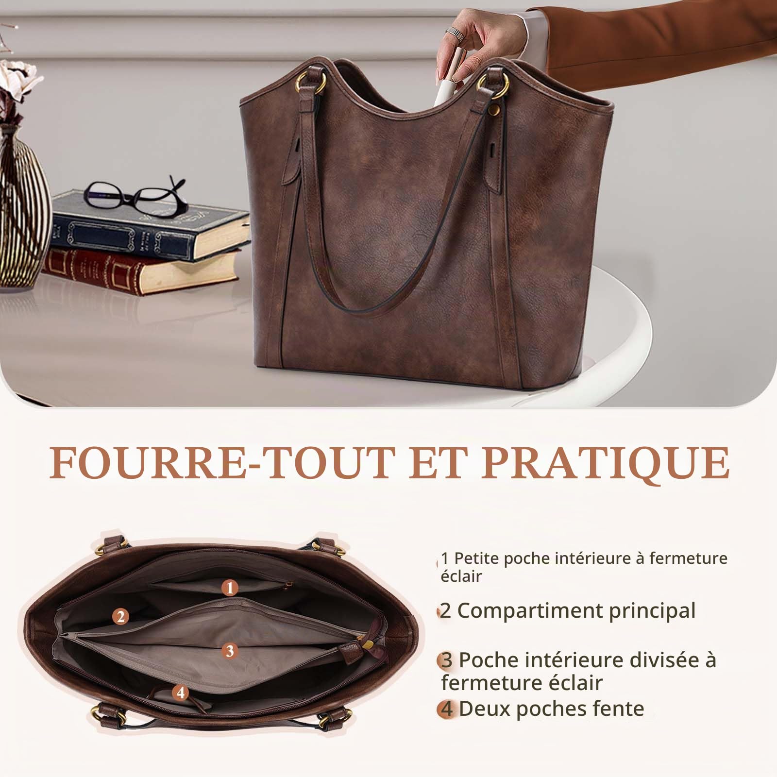VASCHY Sac Cabas Femme Cuir PU, Mode Sac à Main Élégant pour Cours Sac Ordinateur 14 Pouces Grand Format Tote Bag Zippé pour Travail École Voyage