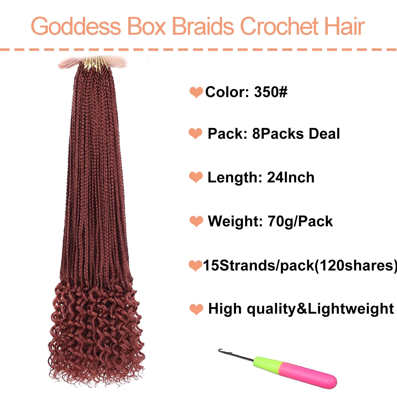 Mscat 24 Inch Goddess Box Braids Crochet Hair with Curly Ends 8 Packs Copper Red Pre-looped 3X Synthetic Boho Box Braiding Hair for Women (15Strands/pack 350#) - Image 2