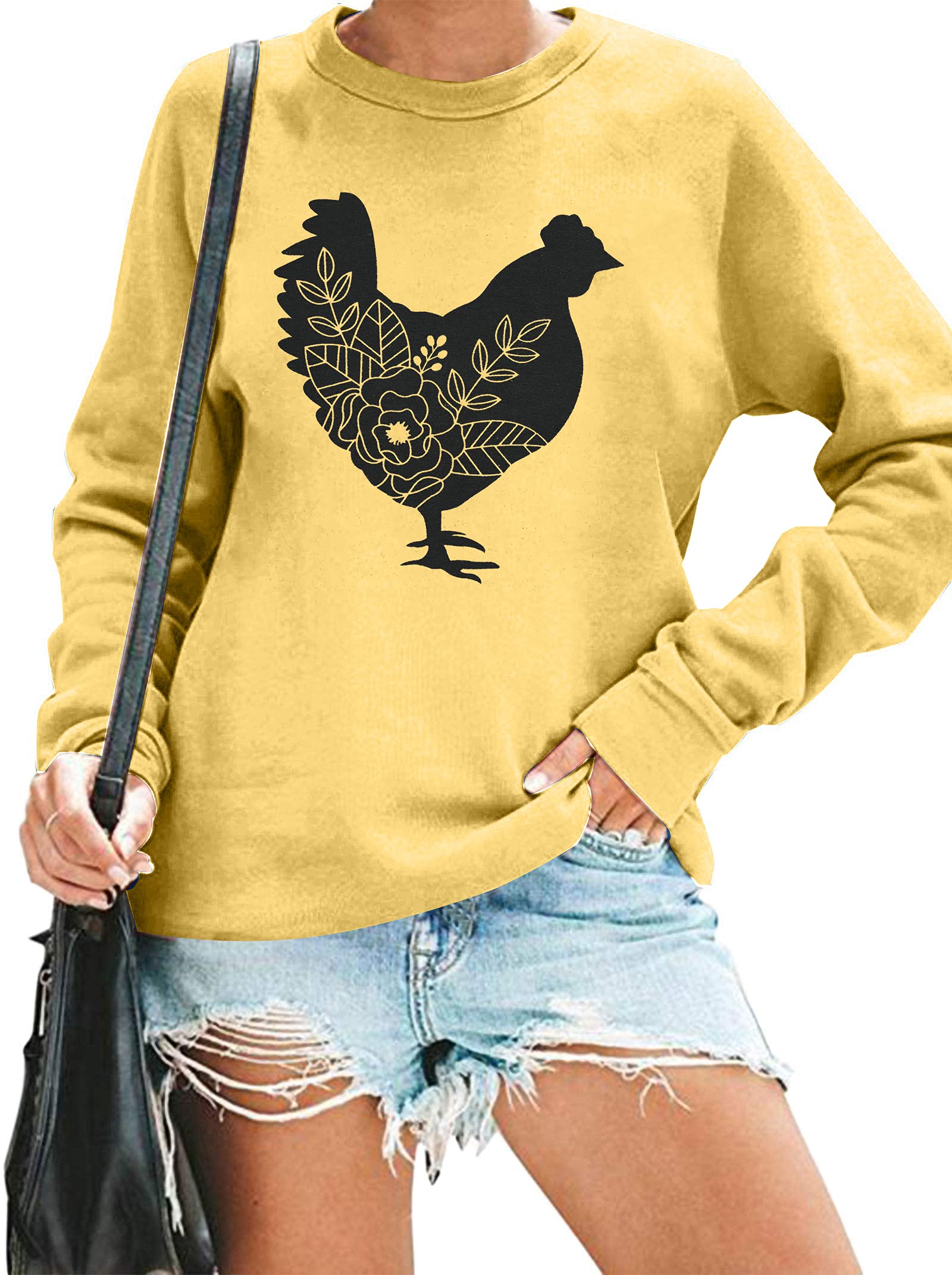 FASHGL Chicken Sweatshirt Women Farm Long Sleeve Pullover Tops Cute Graphic Tee Holiday Casual Lightweight Blouse