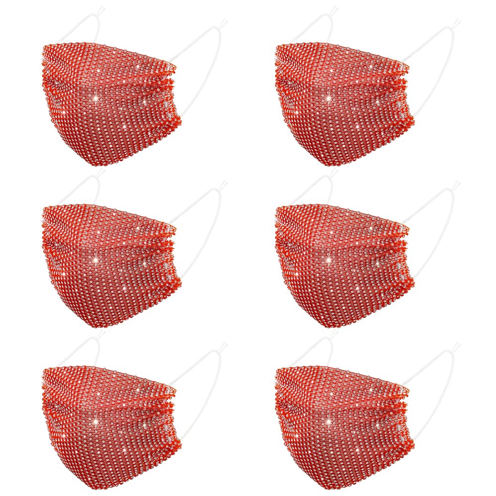 6 Pcs Red Sequin Glitter Christmas Party Decorations Night Women Face Masks Female Face Cover Rhinestone Teen Girls Custume Mesh Crystal Face Mask Birthday Party Decorations Bling Halloween Masks