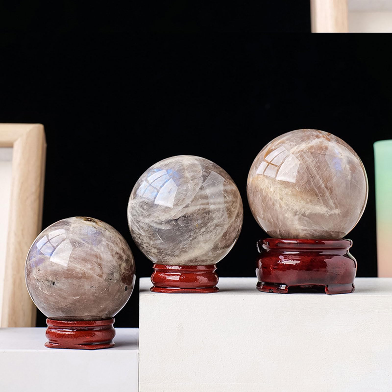 Bola de Cristal de fluorita, Bola de Cristal Piedra Lunar Ojo Azul Natural for meditación Fengshui decoración del hogar(55~60mm)