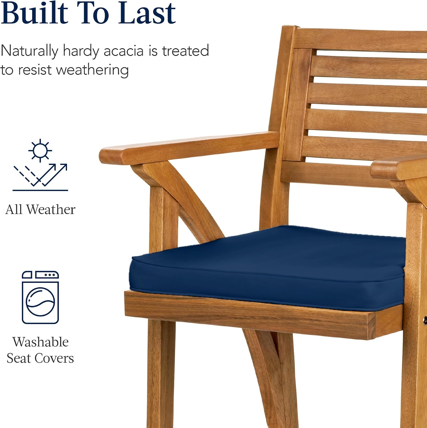 Best Choice Products Set of 2 Outdoor Acacia Wood Bar Stools Bar Chairs for Patio, Pool, Garden w/Weather-Resistant Cushions - Navy
