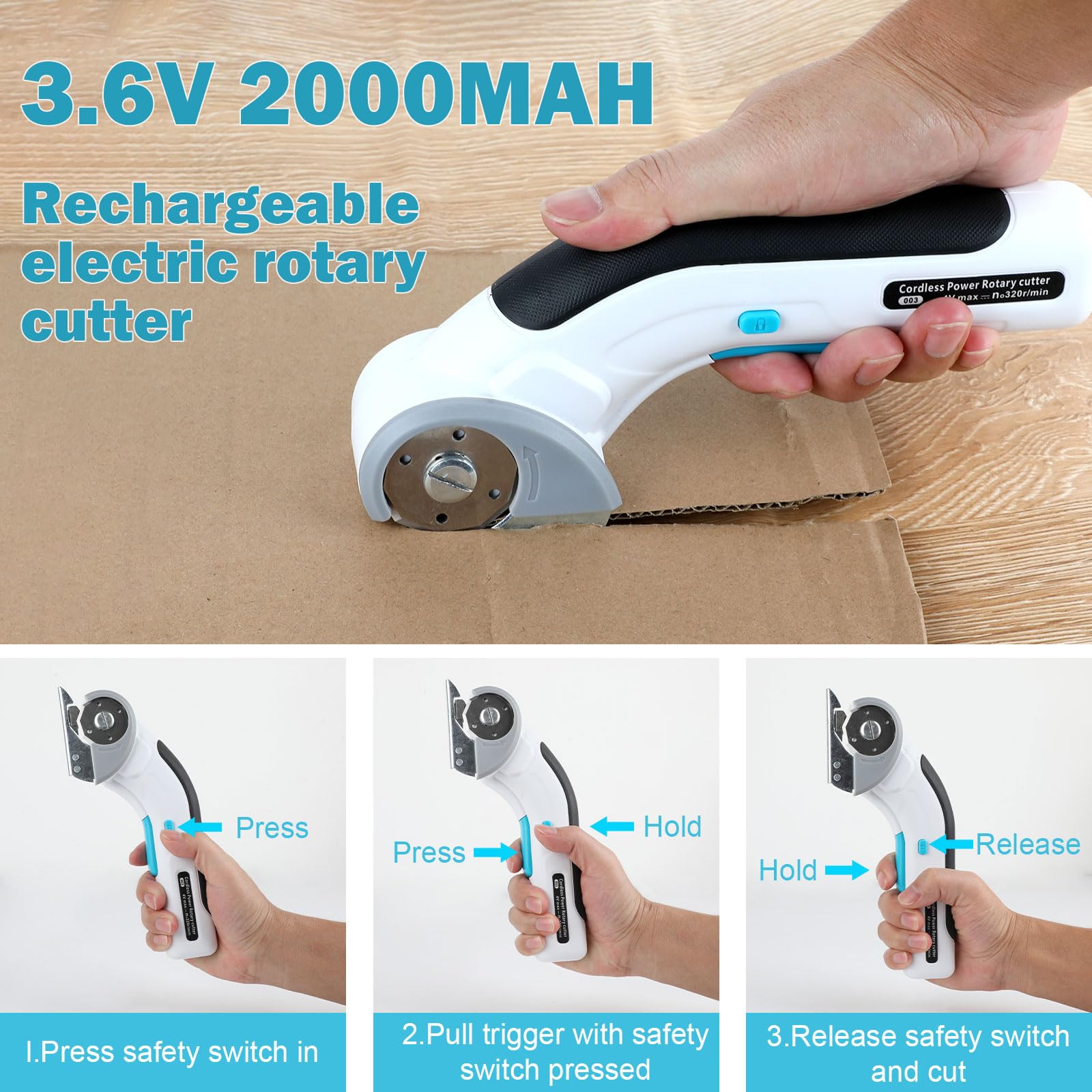 LabTEC Ciseaux électriques sans fil 3,6 V avec 2 lames de coupe et verrou de sécurité, cutter rotatif pour couper le carton, le cuir, les tapis en pot, les plantes en pot, boîte