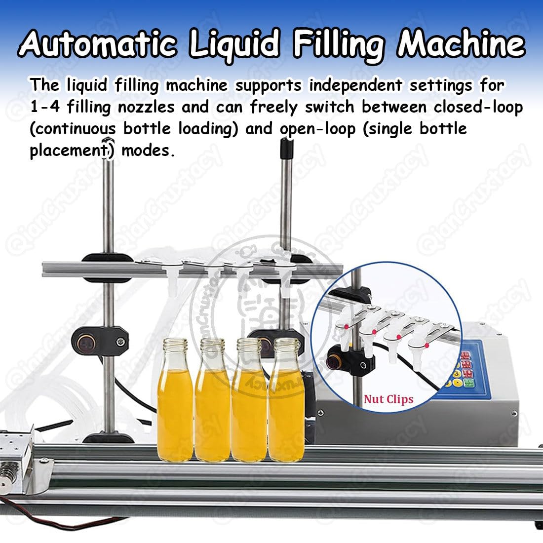 Máquina Embotelladora Automática de Líquidos, 4 Cabezales de Llenado con Cinta Transportadora, para Uso en Industrias de Bebidas, Vinos, Detergentes y Productos Cosméticos 320