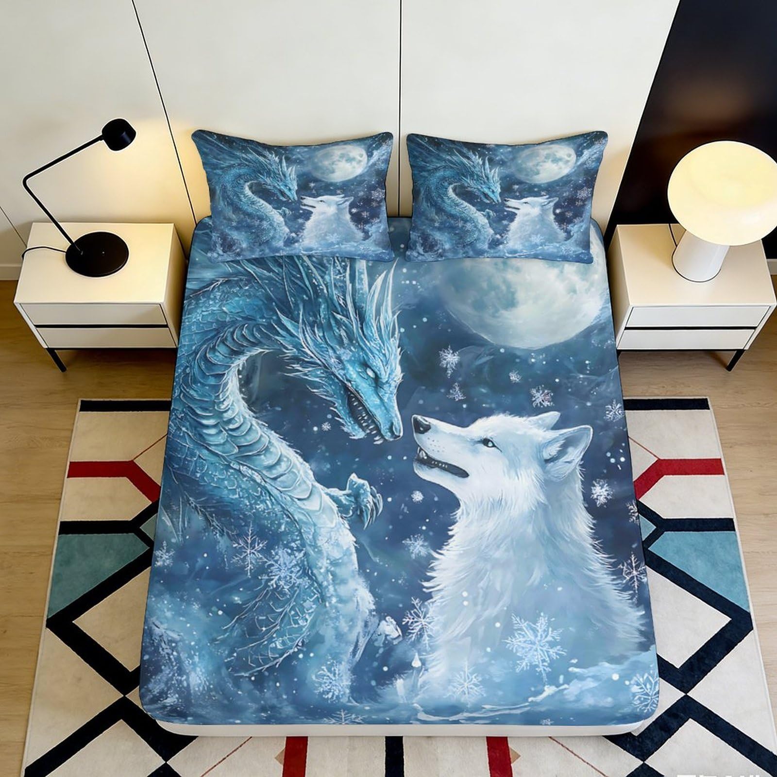 3D Printed Dragon Wolf Fitted Sheet Microfiber Deep Pocket Non-Slip Bedroom Bedding Dragon Wolf Mattress Fitted Cover for Adults Teens 200x200x25cm 90x200x25cm