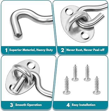 Rainspire (2 Pack) 4 Inch Privacy Hook and Eye Latch for Barn Door, Stainless Steel Gate Latch Barn Door Lock Cabin Hooks for Gate Shutters Window Slide Barn Shed Cabinet Bathroom, Silver