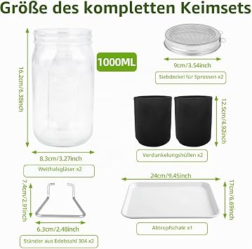 1000 ml sprout jar set of 2 with tray stand shade cloth bag and 304 stainless steel sieve germination lids sprout jars for sprout cultivation and germination of seeds