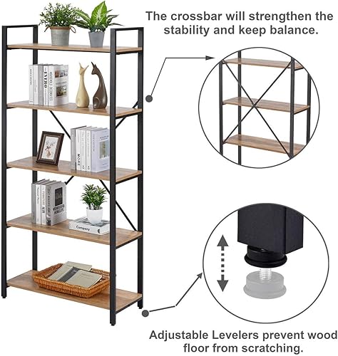Miniatura 5 de FATORRI Estantería industrial de 5 niveles para oficina en casa (roble vintage) Vintage Oak,Nogal oscuro,Roble rústico,Blanco (White