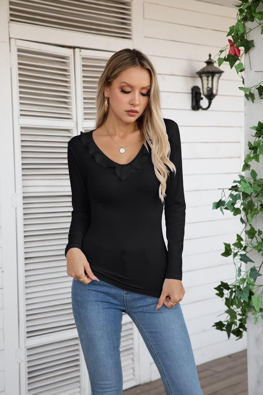VICHYIE Womens Long Sleeve Shirts V Neck Ruffle Hem Slim Fitted Ribbed Knit Trendy Tee Tight Tops - Image 3